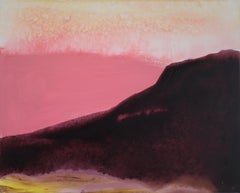 Dawn Mountain II, oil painting of pink and yellow sunrise over mountain