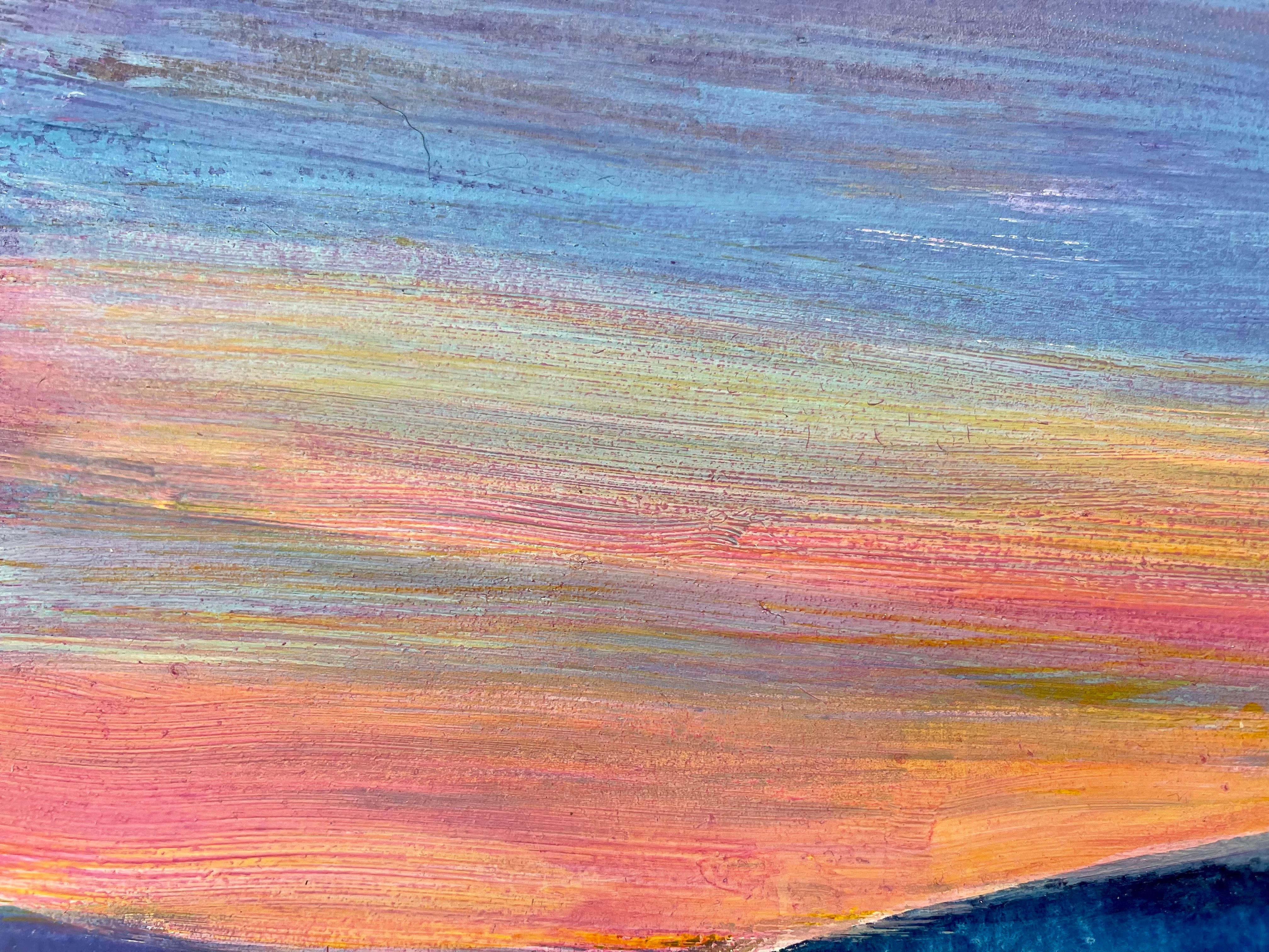 Lake View, landscape painting of pink and purple sunrise over blue mountain - Contemporary Painting by Katharine Dufault