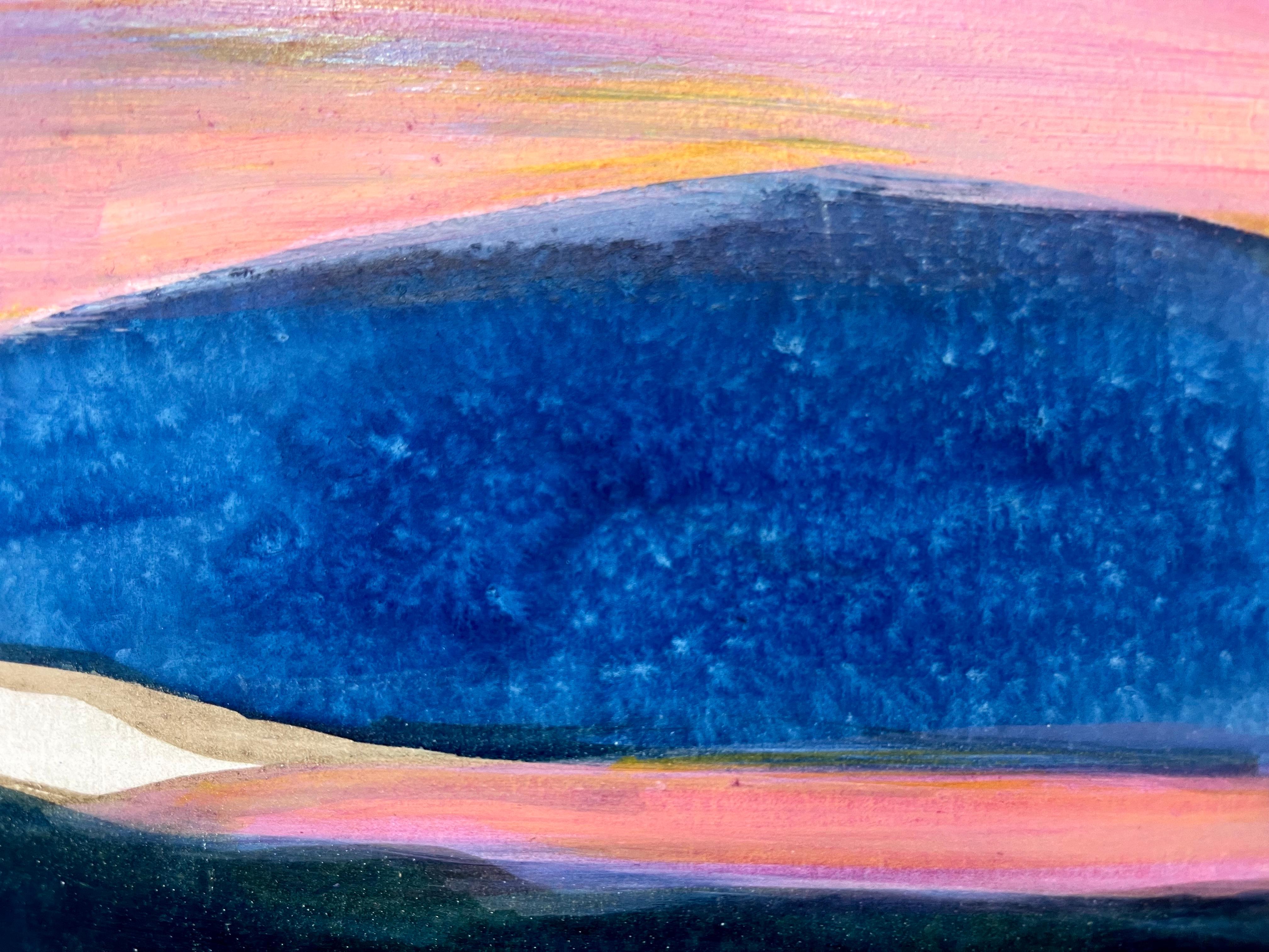 Lake View, landscape painting of pink and purple sunrise over blue mountain - Purple Landscape Painting by Katharine Dufault