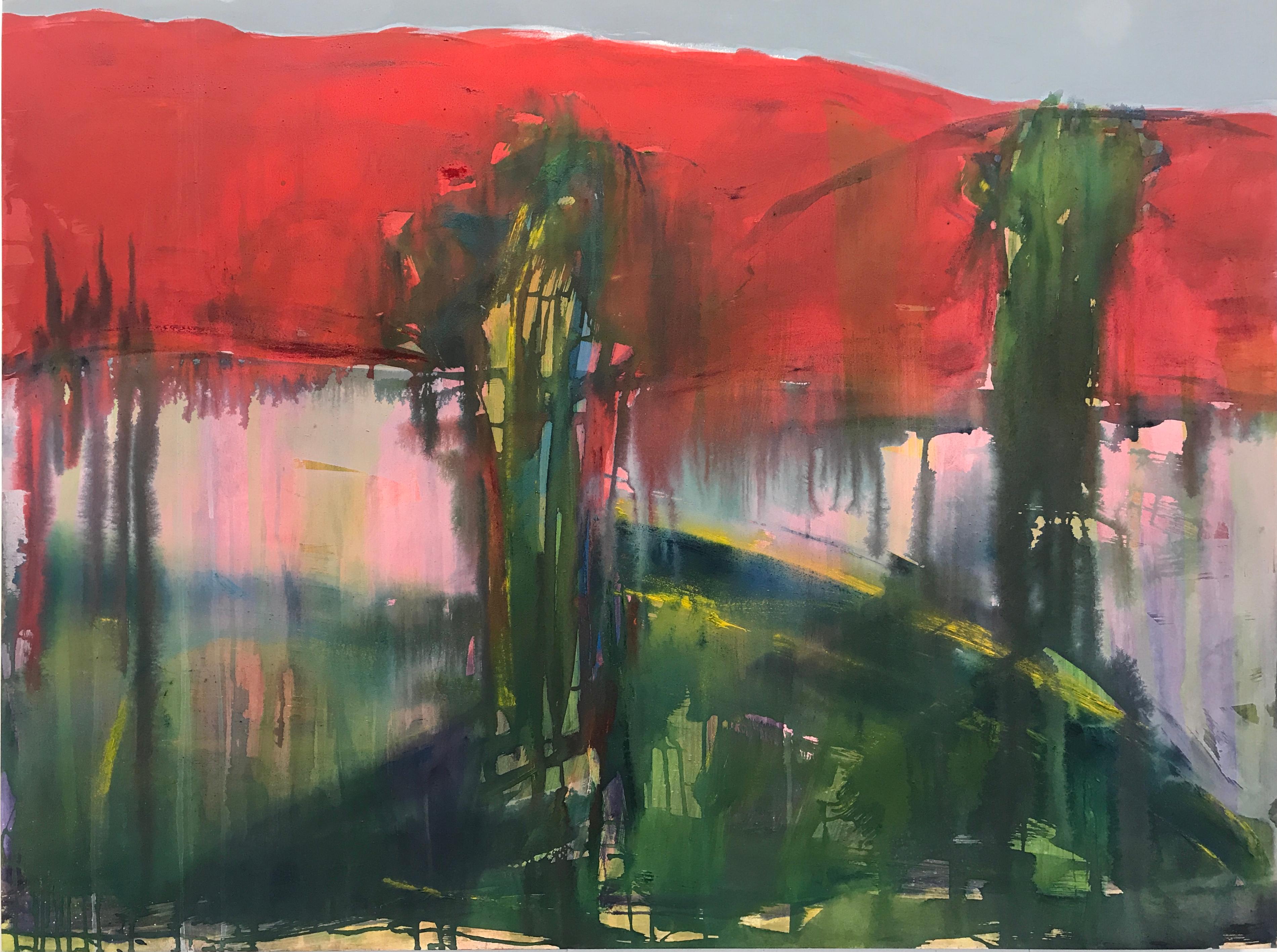 Katharine Dufault Landscape Painting - Red Mountain, red and green abstract landscape painting mountainside