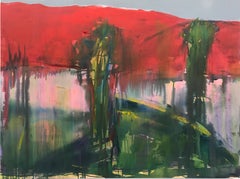 Red Mountain, red and green abstract landscape painting mountainside