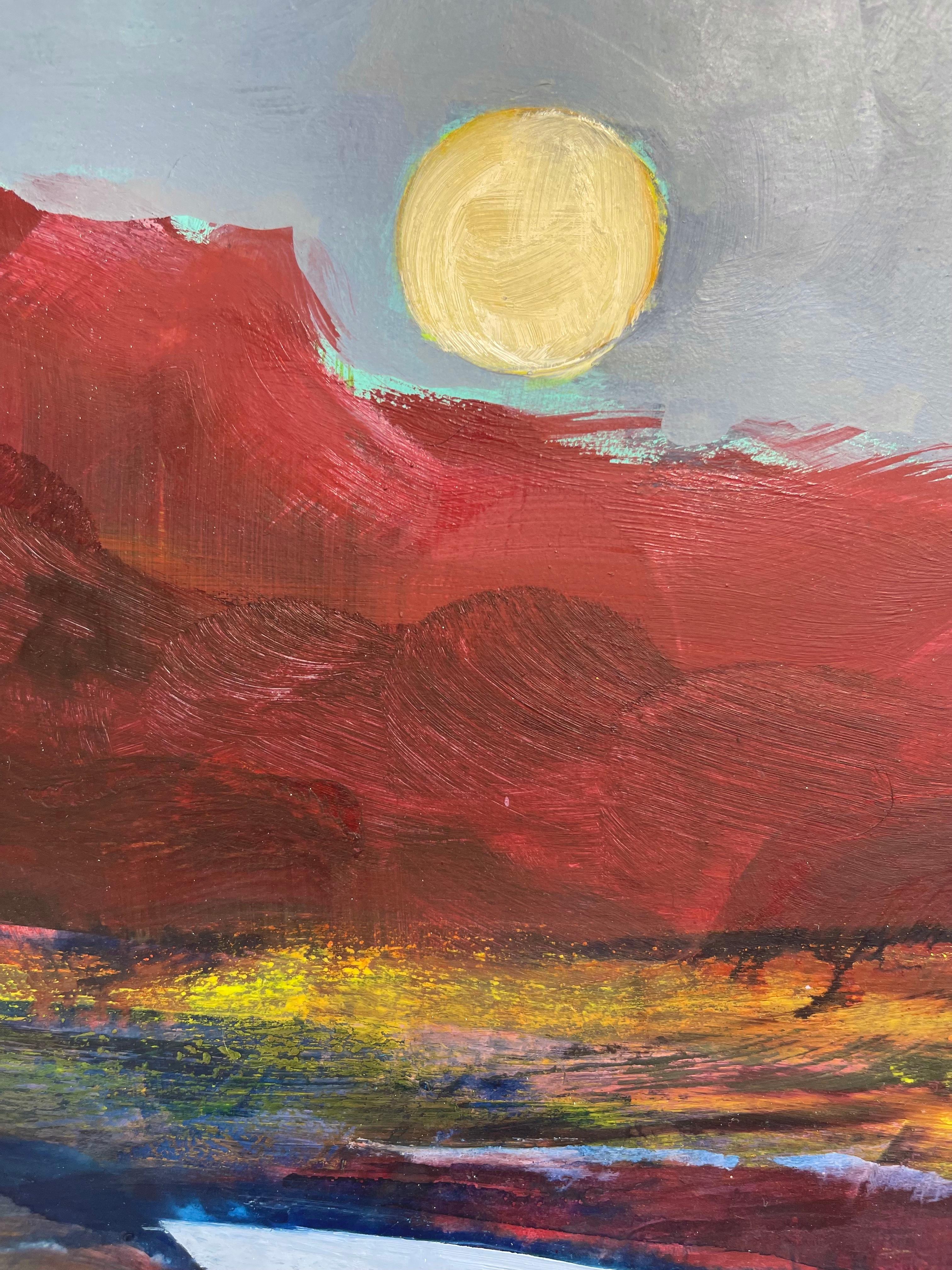 River IV, red and green abstract landscape painting of river, mountainside - Contemporary Painting by Katharine Dufault