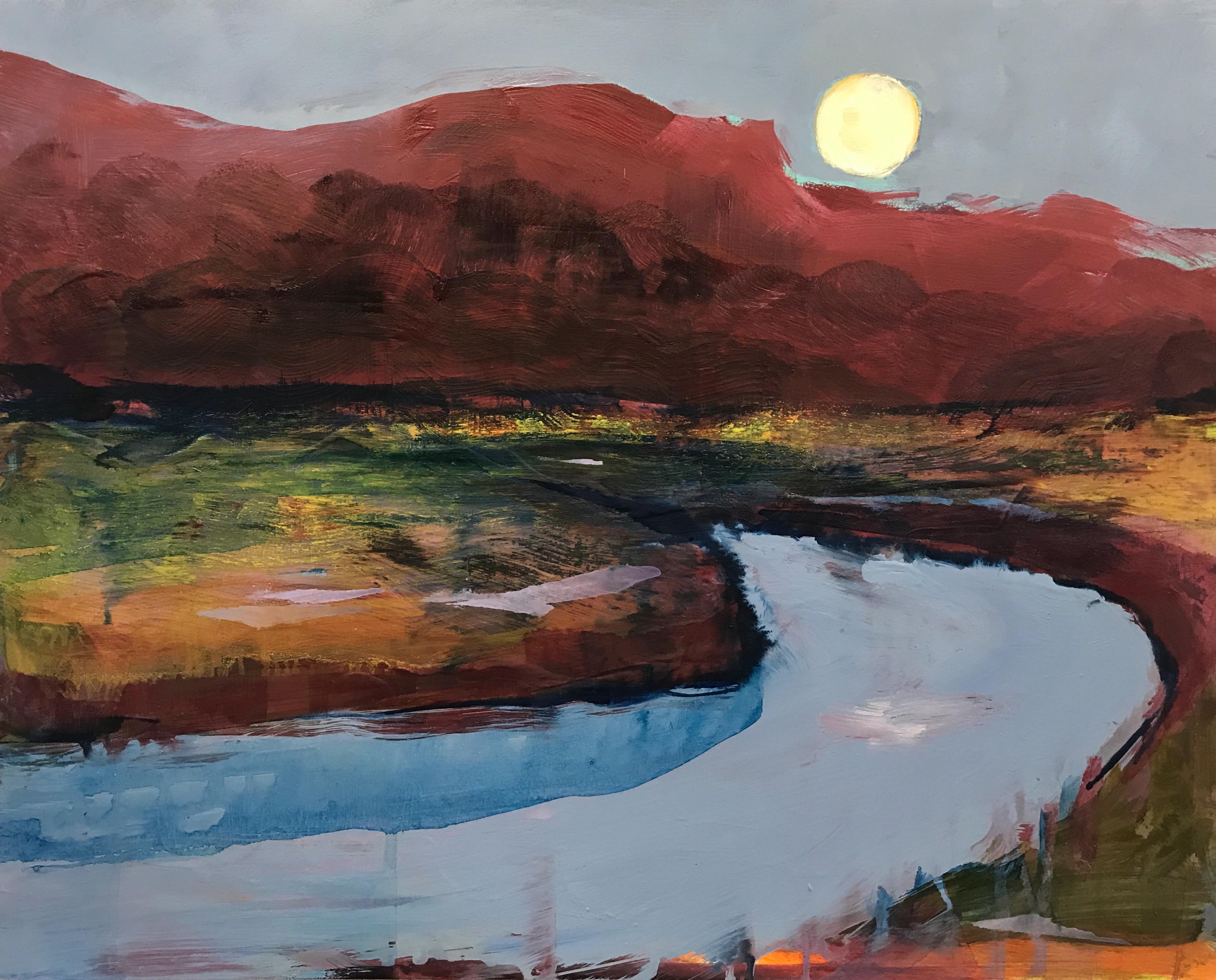 Katharine Dufault Landscape Painting - River IV, red and green abstract landscape painting of river, mountainside