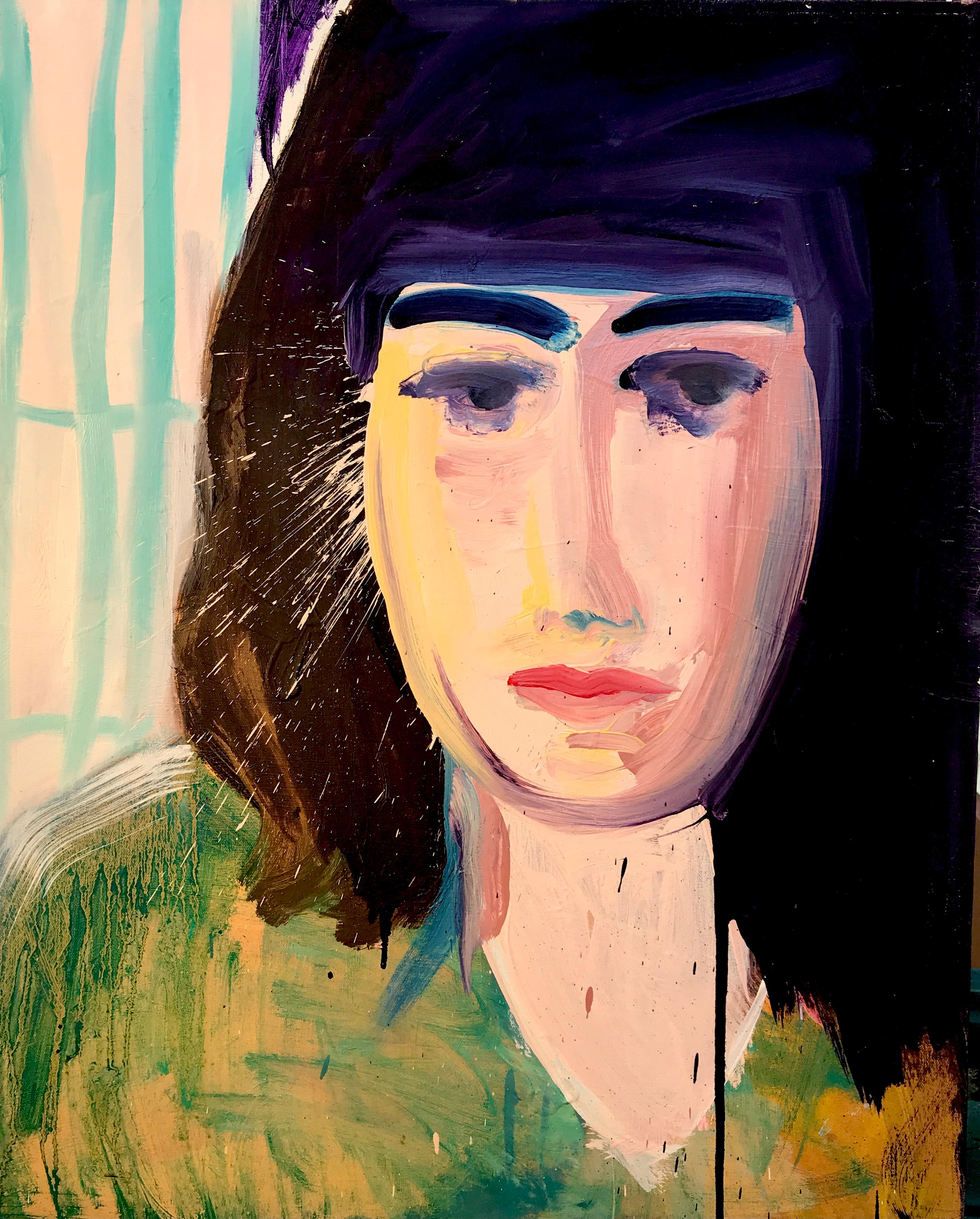 Katharine Dufault Portrait Painting - Shadow, portrait of a woman wearing green and yellow, oil on canvas