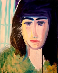 Shadow, portrait of a woman wearing green and yellow, oil on canvas