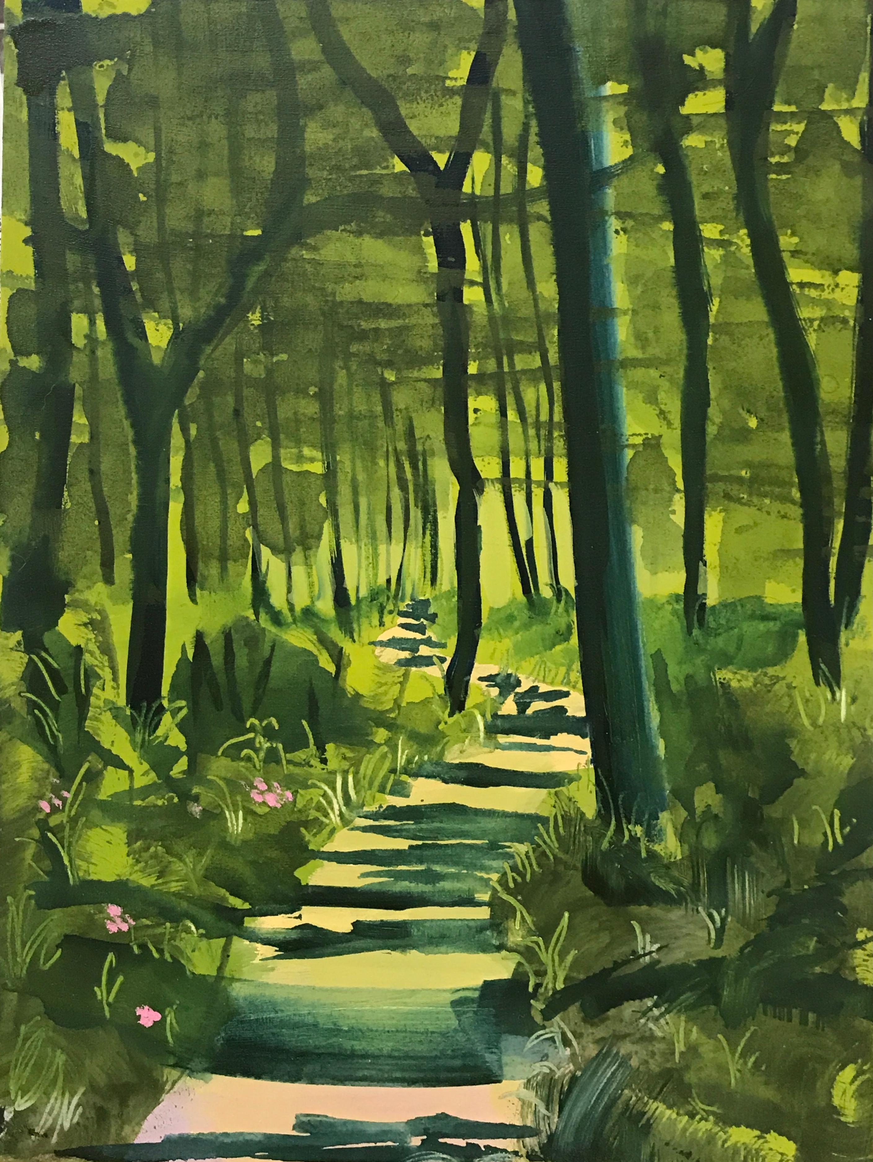Katharine Dufault Landscape Painting - Spring Forest I, green oil painting of landscape