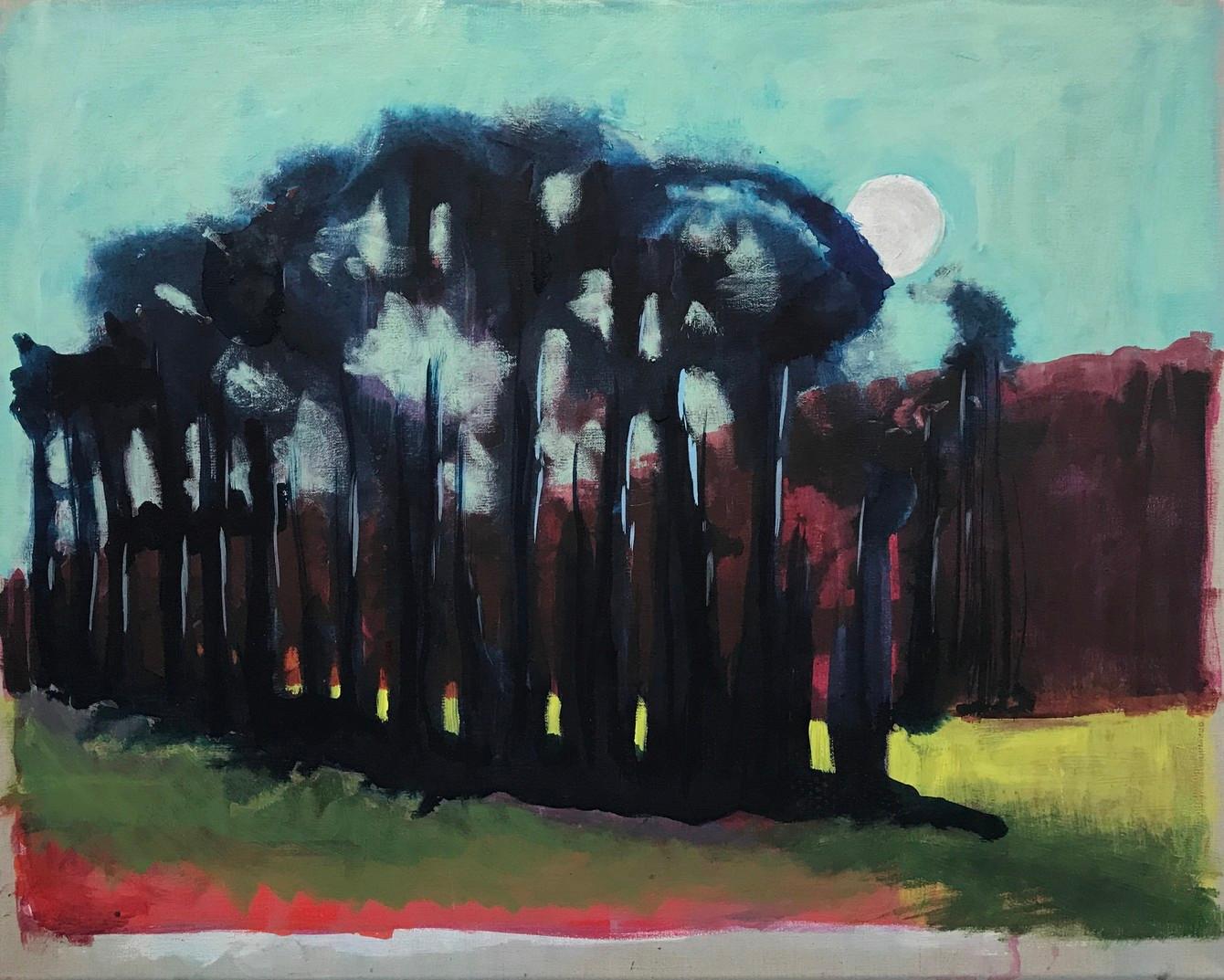To Be In the Same World: Full Moon/Mountain Trees, landscape oil painting