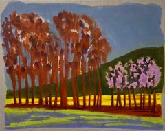 Trees and Mountain - Late Afternoon, orange and green oil painting of landscape