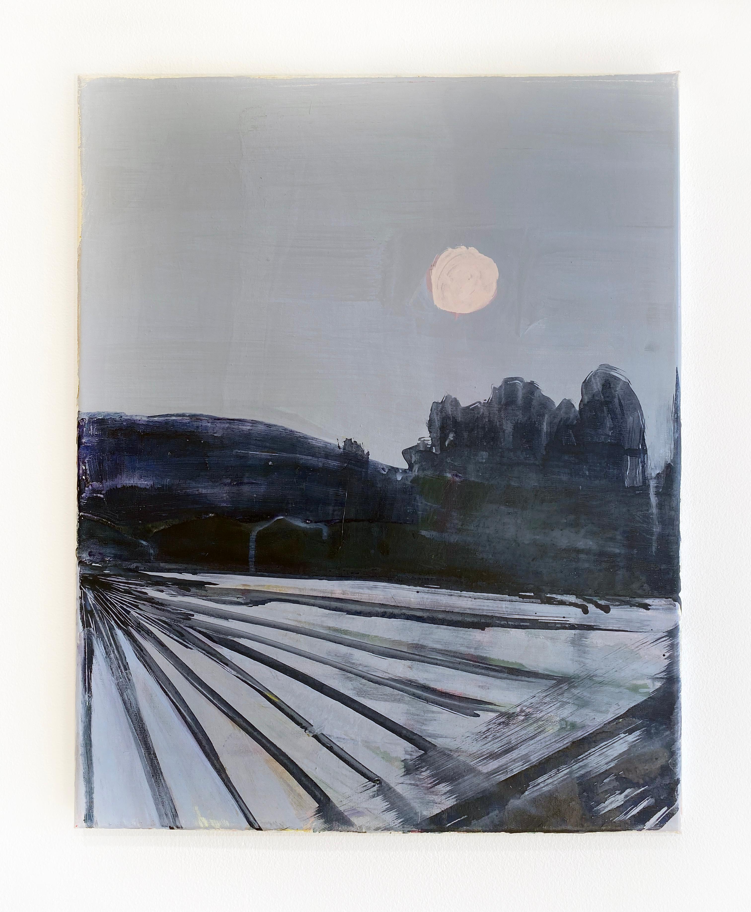 'Night Field' 2020 by Katharine Dufault. Oil on linen, 20 x 16 inches. Dufault’s unique yet familiar landscapes spark curiosity, expressed through thick, delicate brush strokes, and wiped or poured paint, resulting in opaque and translucent areas in