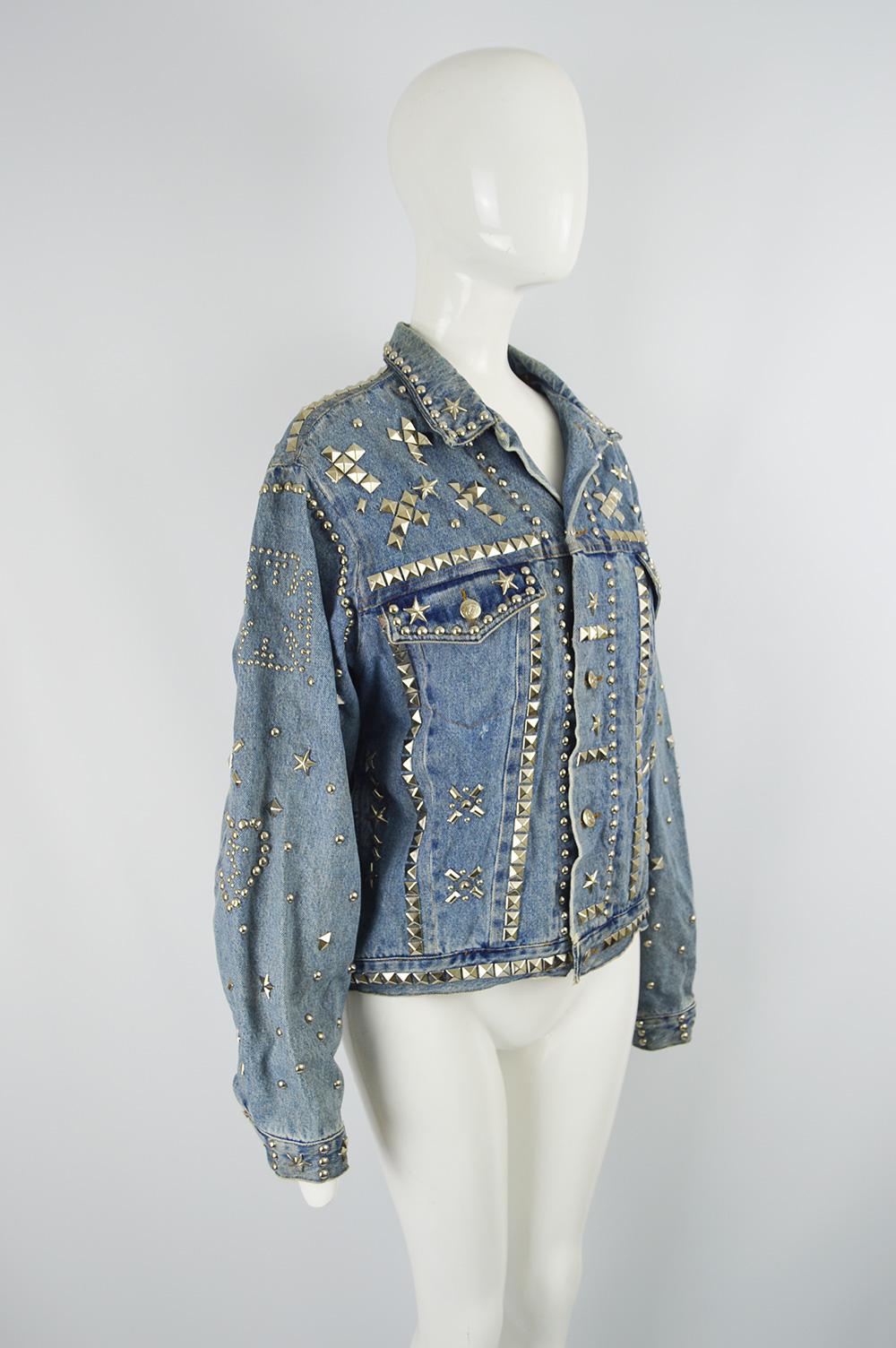 Gray Katharine Hamnett 'Clean Up Or Die' Vintage Blue Denim Studded Jean Jacket For Sale