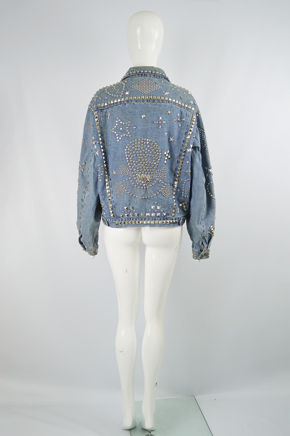 Women's or Men's Katharine Hamnett 'Clean Up Or Die' Vintage Blue Denim Studded Jean Jacket For Sale