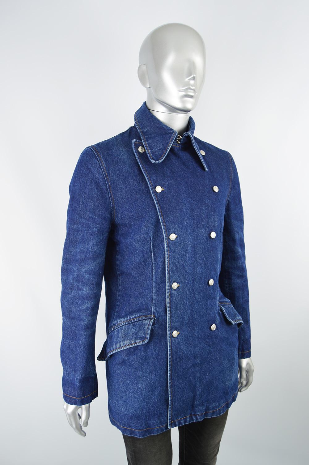 Katharine Hamnett Men's Vintage Double Breasted Blue Denim Pea Coat, 1990s In Good Condition For Sale In Doncaster, South Yorkshire