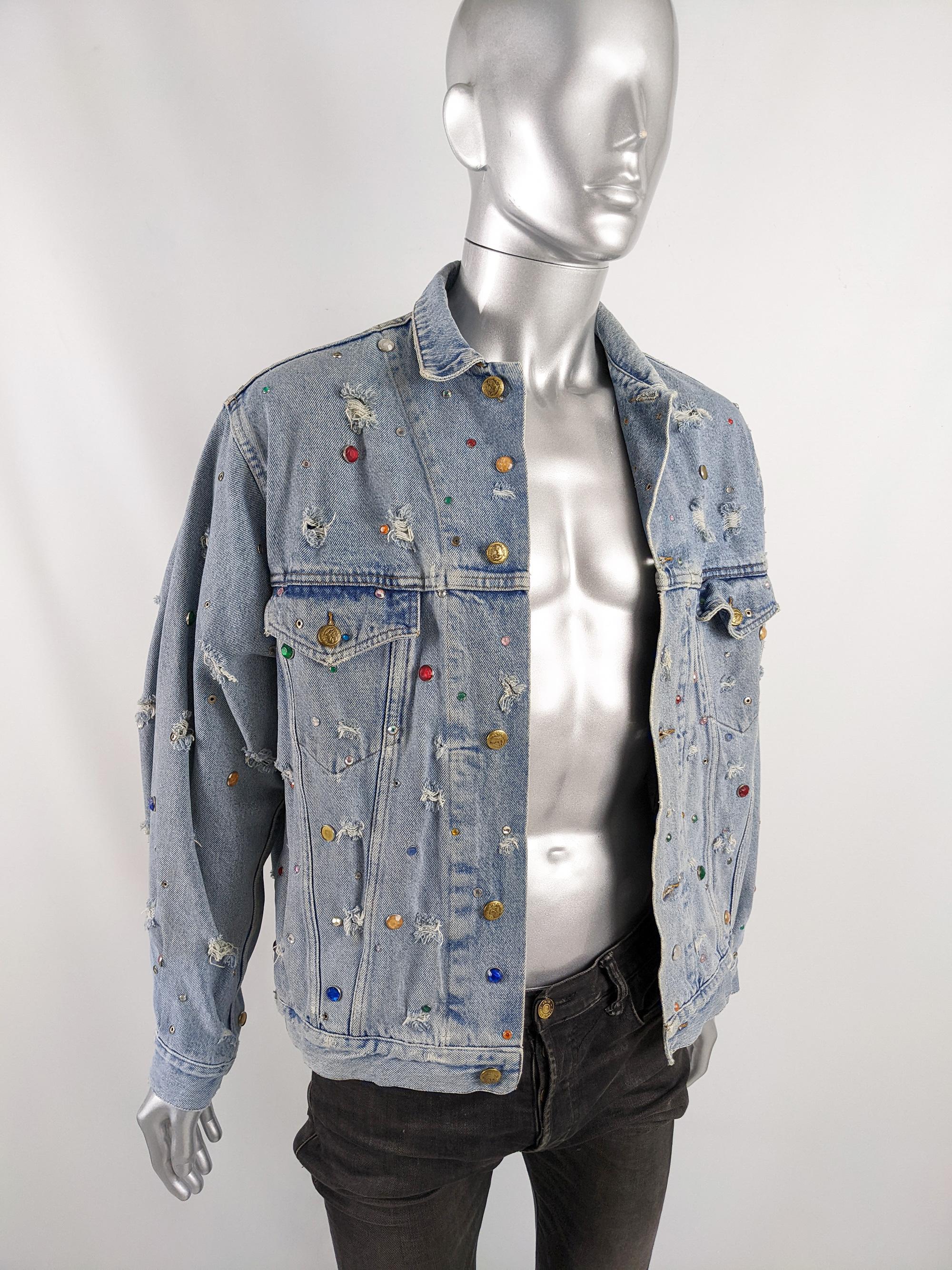Gray Katharine Hamnett Mens Vintage Incredible Studded Distressed Denim Jean Jacket For Sale