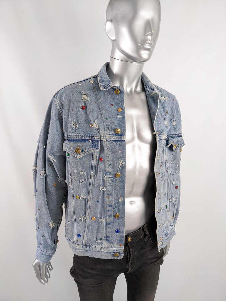 Katharine Hamnett Mens Vintage Incredible Studded Distressed Denim Jean  Jacket For Sale at 1stDibs