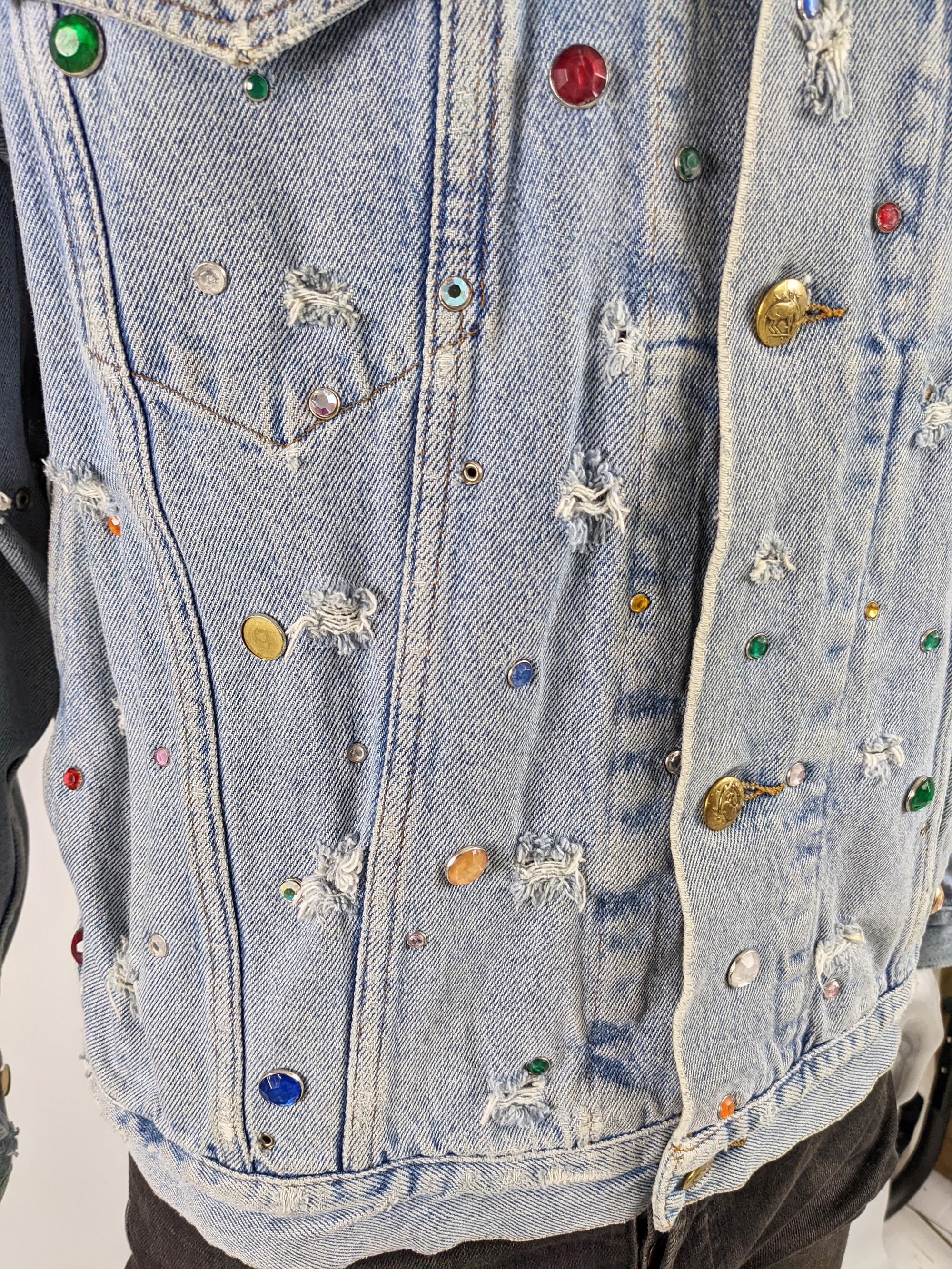 Katharine Hamnett Mens Vintage Incredible Studded Distressed Denim Jean Jacket For Sale 2