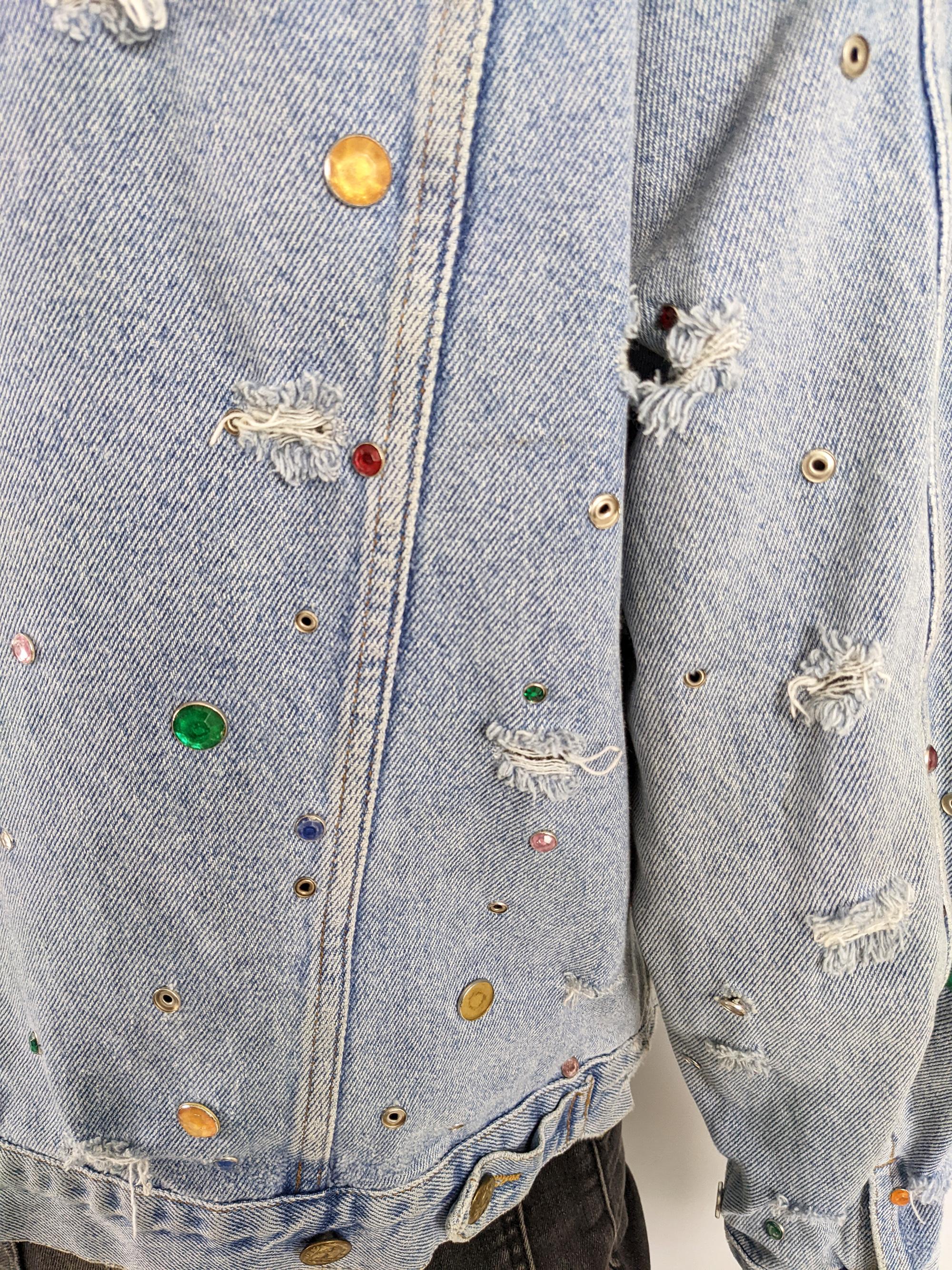 Katharine Hamnett Mens Vintage Incredible Studded Distressed Denim Jean Jacket For Sale 4