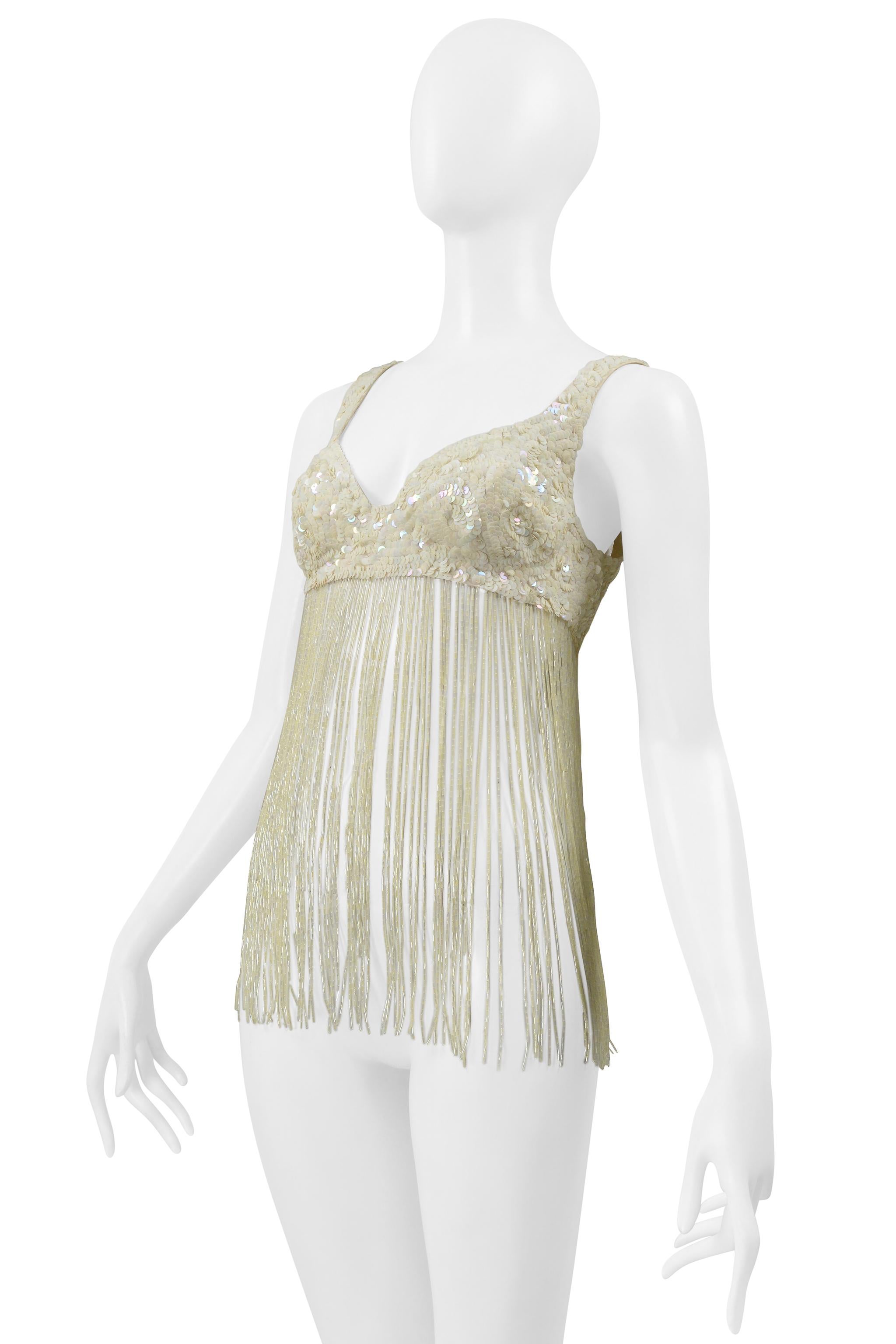 Katharine Hamnett Reggiseno di paillettes bianco sporco con frange di perline In condizioni ottime in vendita a Los Angeles, CA