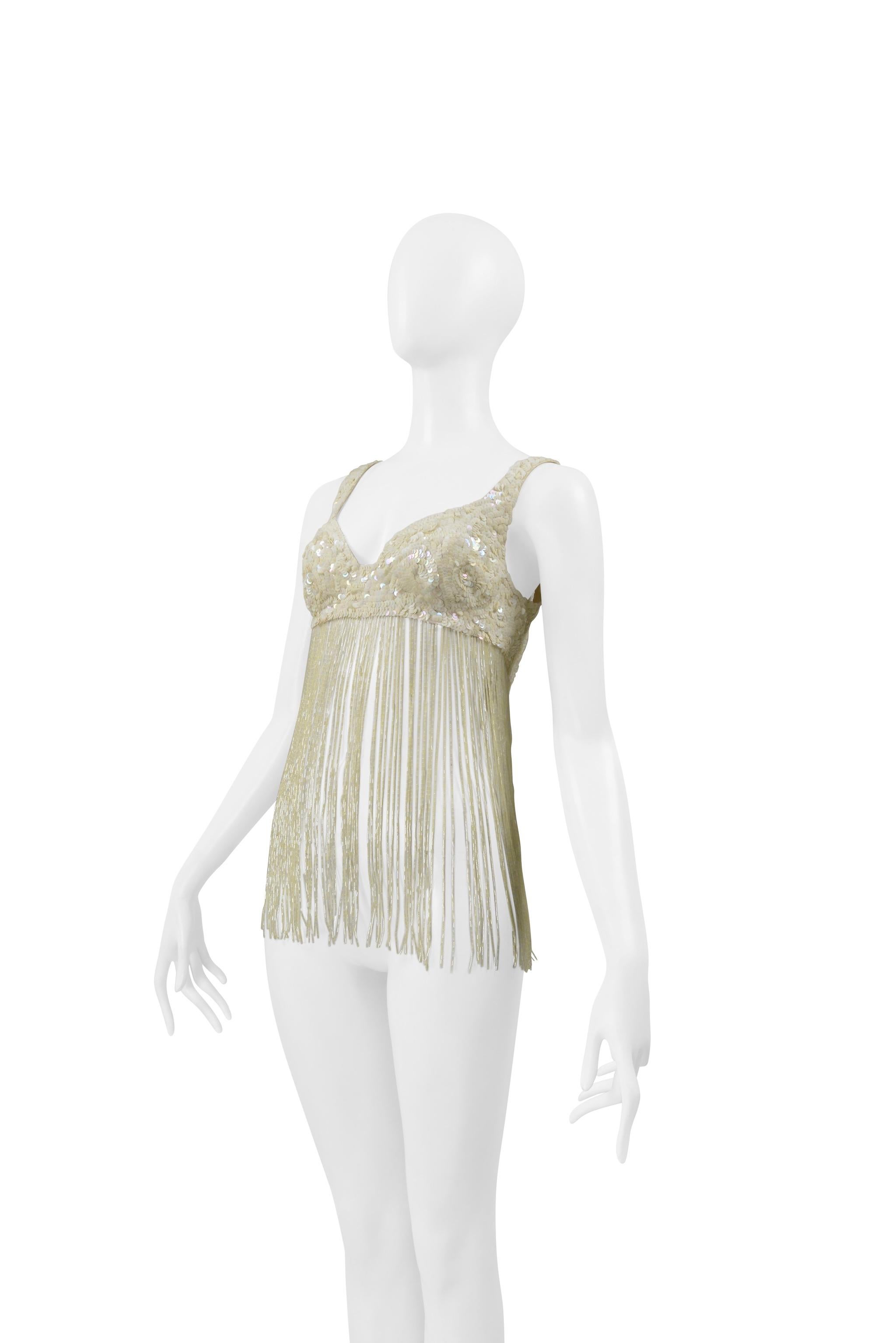 Donna Katharine Hamnett Reggiseno di paillettes bianco sporco con frange di perline in vendita