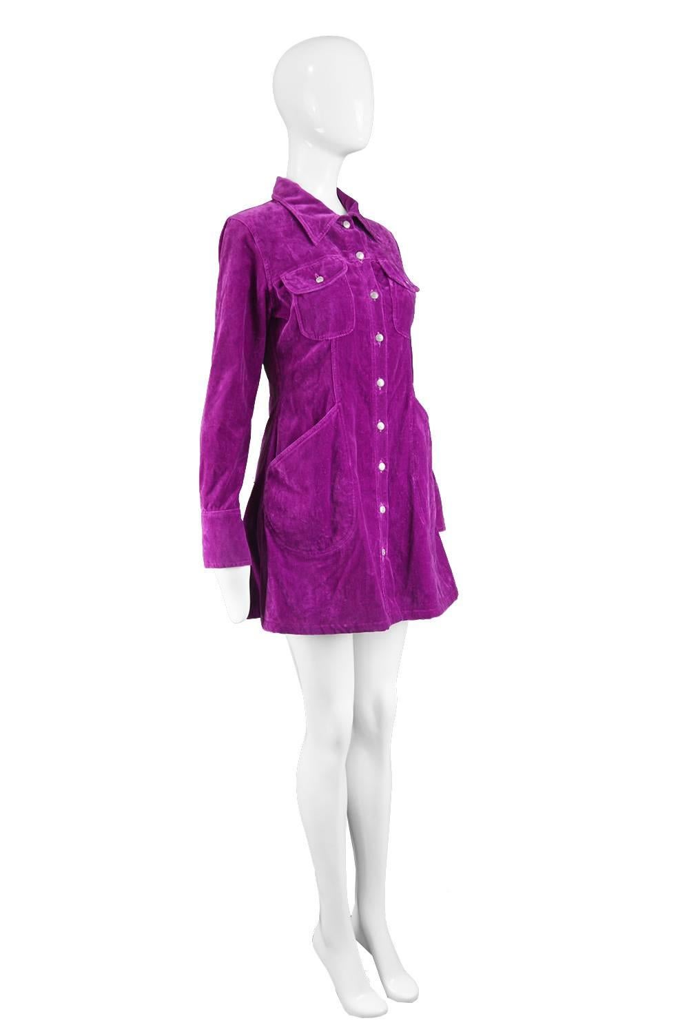 Purple Katharine Hamnett Vintage 1990s Magenta Velvet Mini Shirt Dress, 1990s