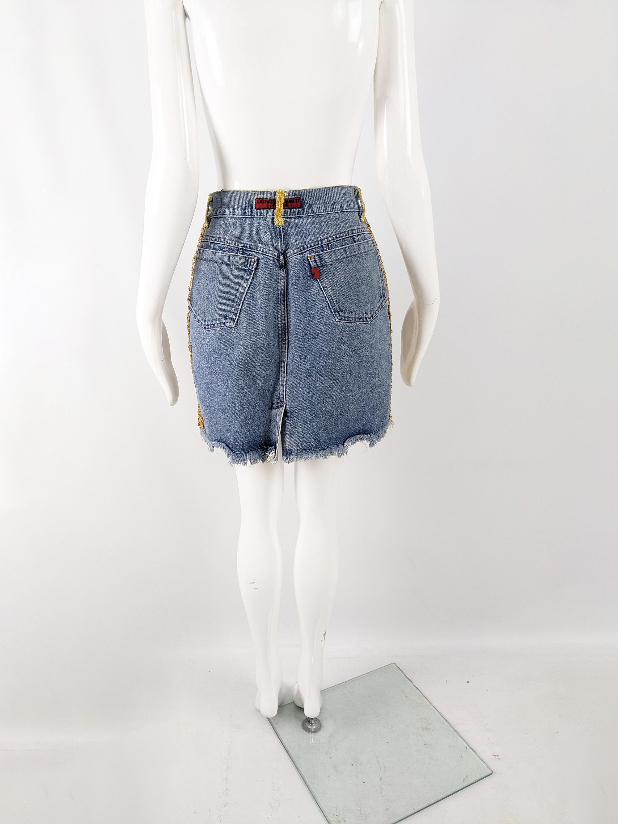 Katharine Hamnett Vintage Blue Denim Jean Gold Sequin Mini Skirt, 1980s In Good Condition For Sale In Doncaster, South Yorkshire