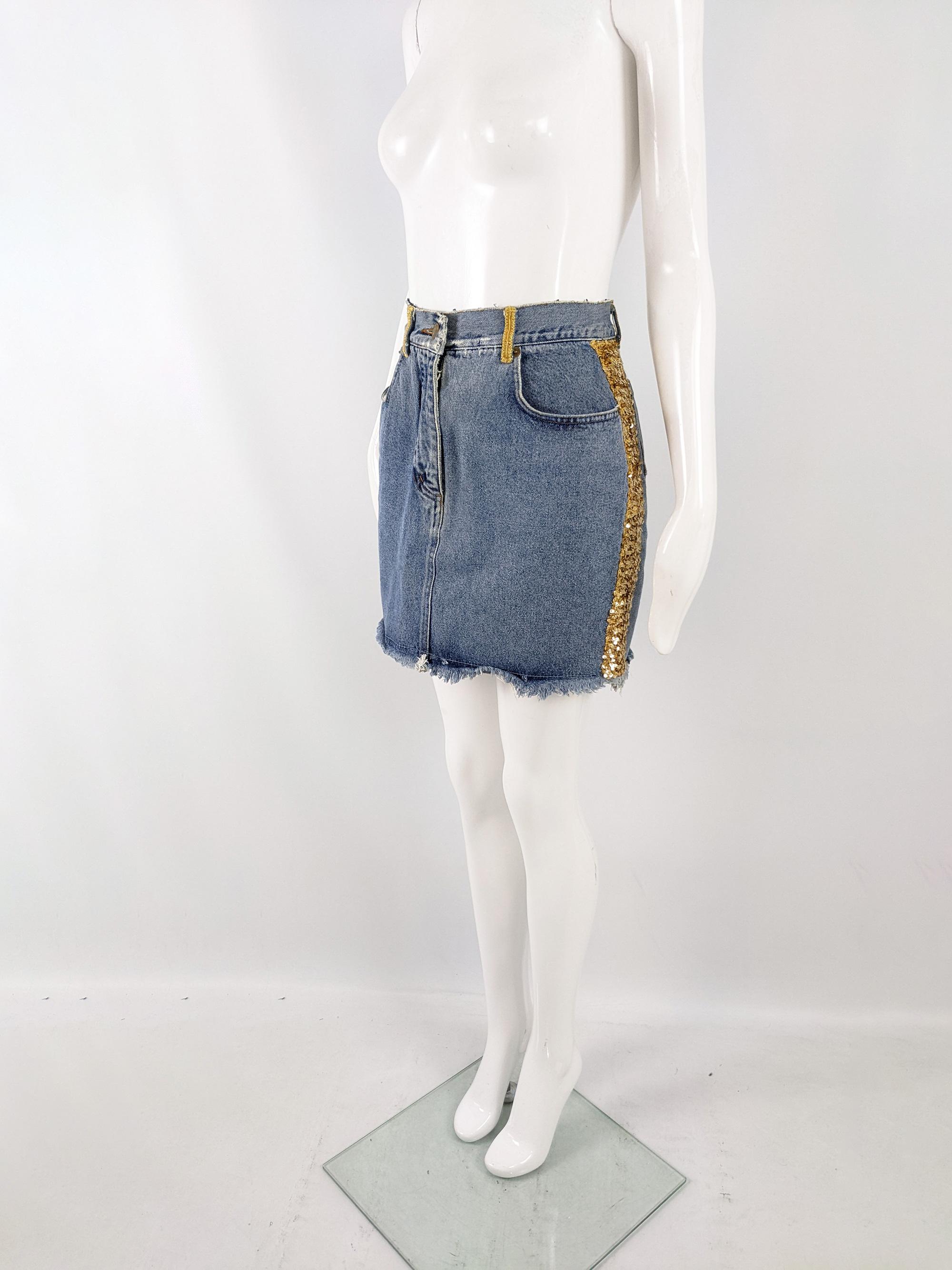 Women's Katharine Hamnett Vintage Blue Denim Jean Gold Sequin Mini Skirt, 1980s For Sale