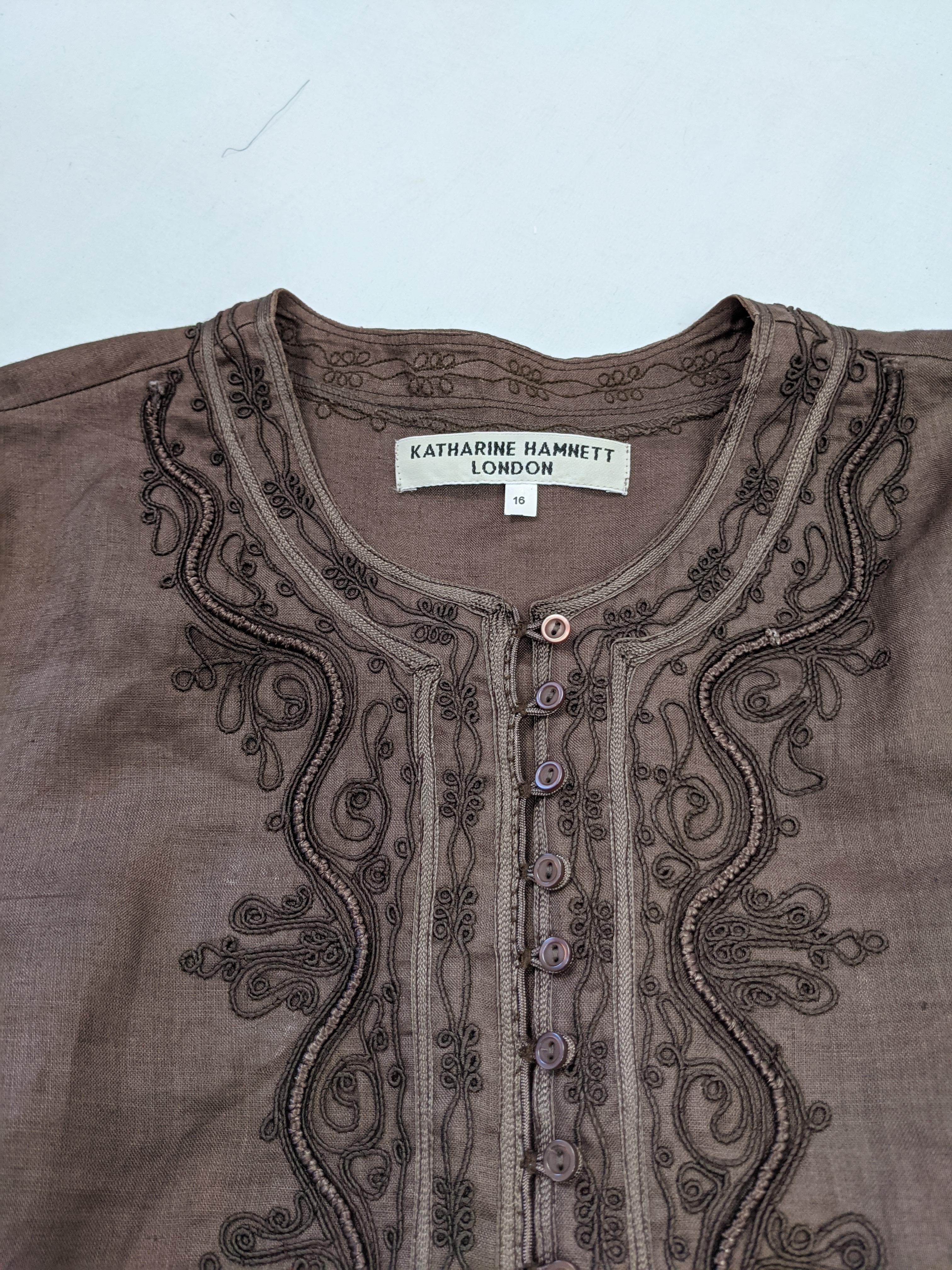Katharine Hamnett Vintage Brown Linen Embroidered Tunic Top 6