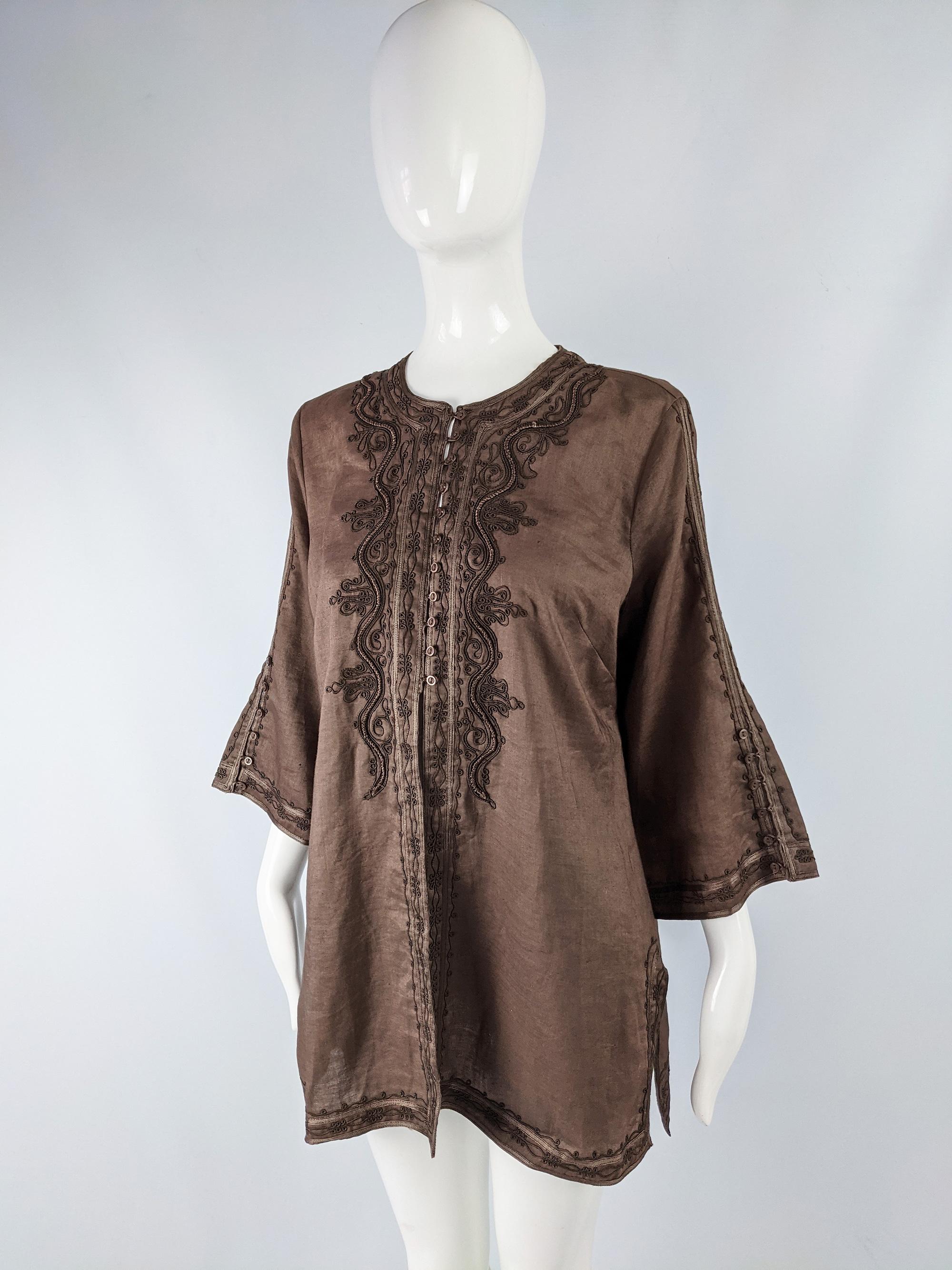 Katharine Hamnett Vintage Brown Linen Embroidered Tunic Top In Excellent Condition In Doncaster, South Yorkshire
