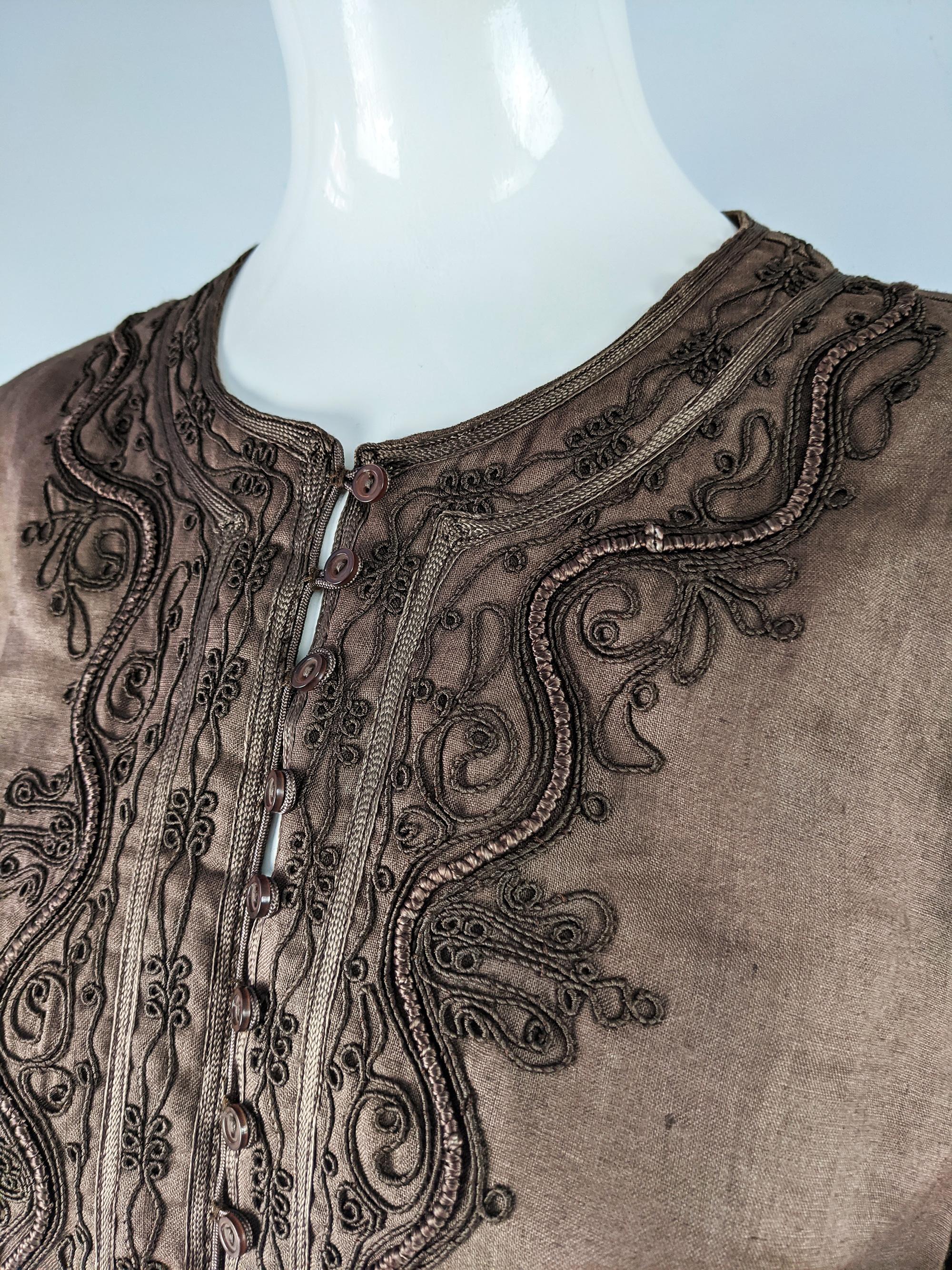 Women's Katharine Hamnett Vintage Brown Linen Embroidered Tunic Top