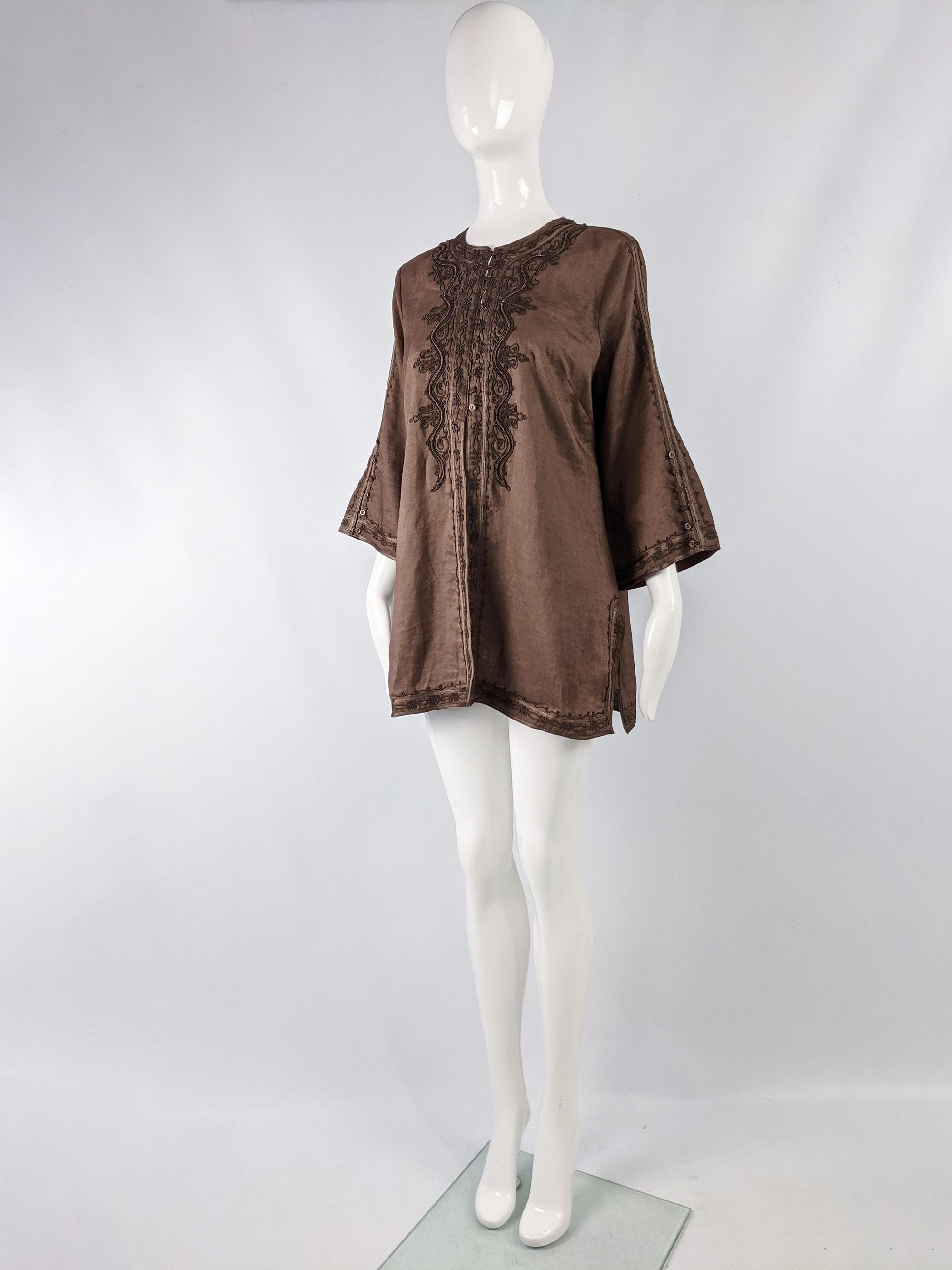 Katharine Hamnett Vintage Brown Linen Embroidered Tunic Top 1