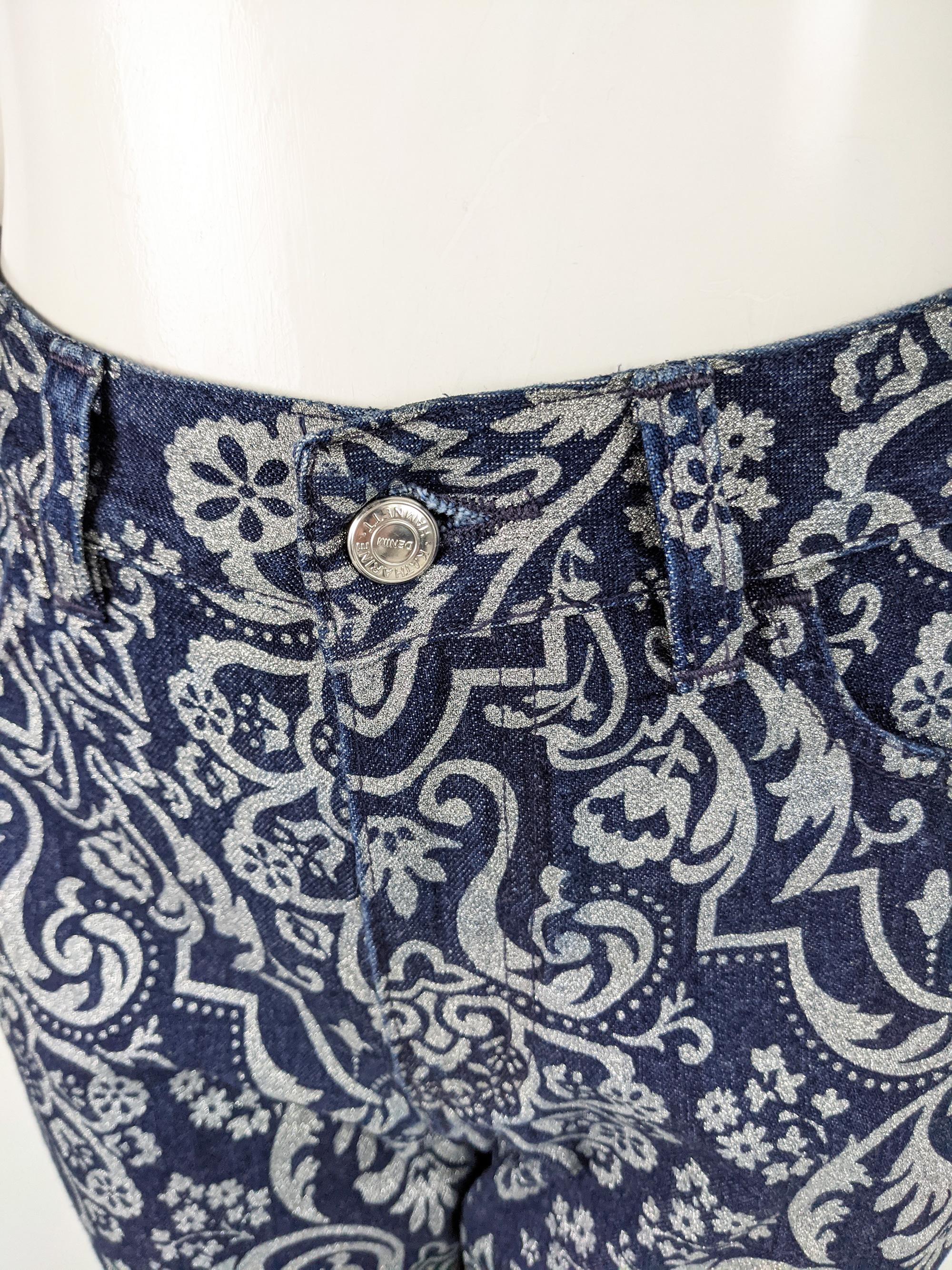 Katharine Hamnett Vintage Dark Blue Denim & Silver Print Flared Bootcut Jeans In Excellent Condition In Doncaster, South Yorkshire