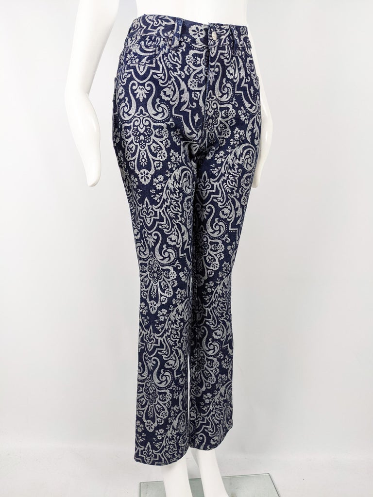 Women's Katharine Hamnett Vintage Dark Blue Denim & Silver Print Flared Bootcut Jeans For Sale