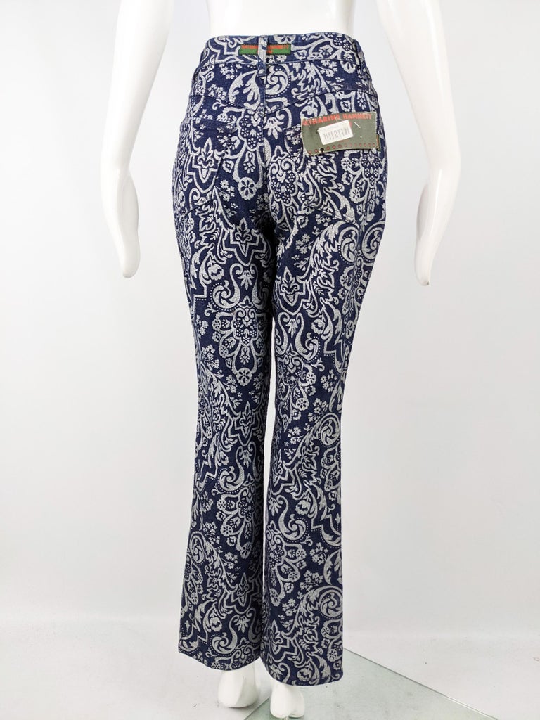Katharine Hamnett Vintage Dark Blue Denim & Silver Print Flared Bootcut Jeans For Sale 1