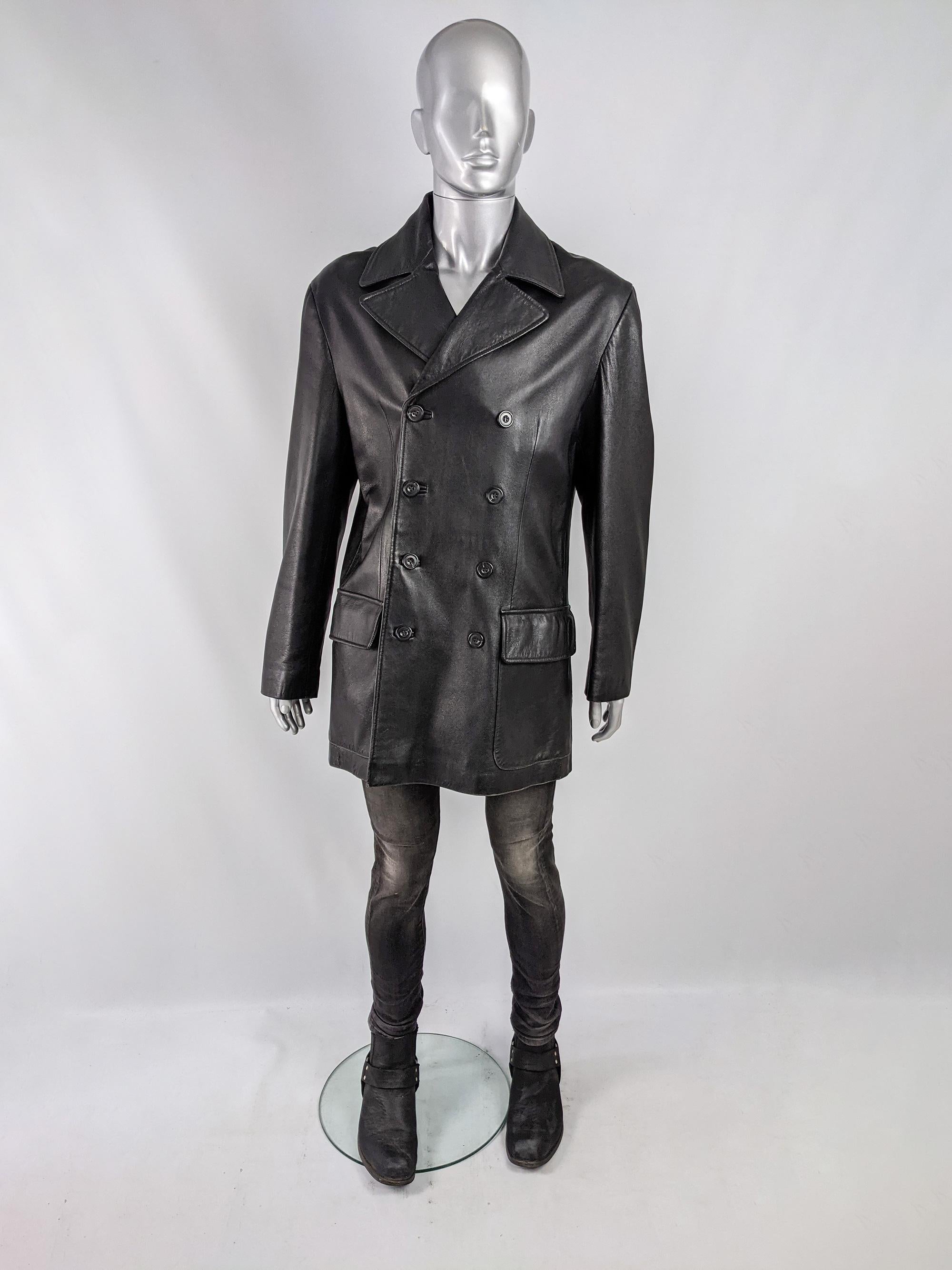 Katharine Hamnett Vintage Mens Black Leather Pea Coat at Katharine Hamnett Vintage Mens Black Leather Pea Coat at