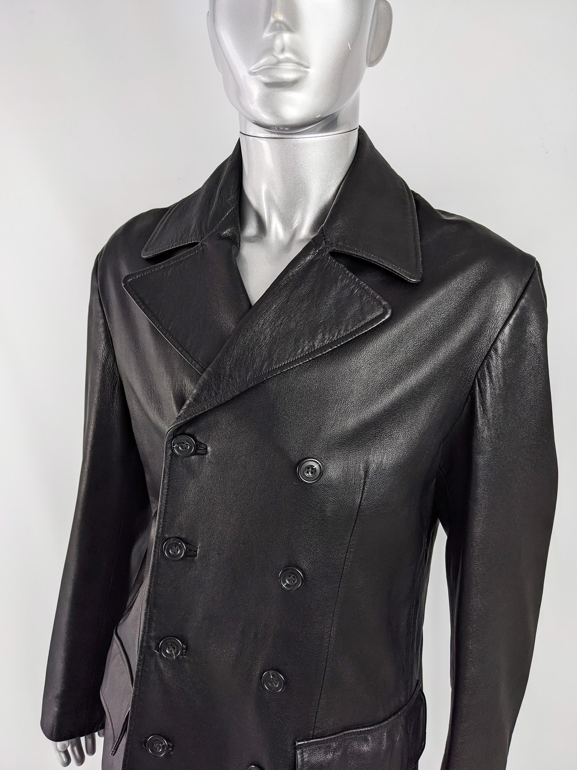 Katharine Hamnett Vintage Mens Black Leather Pea Coat at Katharine Hamnett Vintage Mens Black Leather Pea Coat at