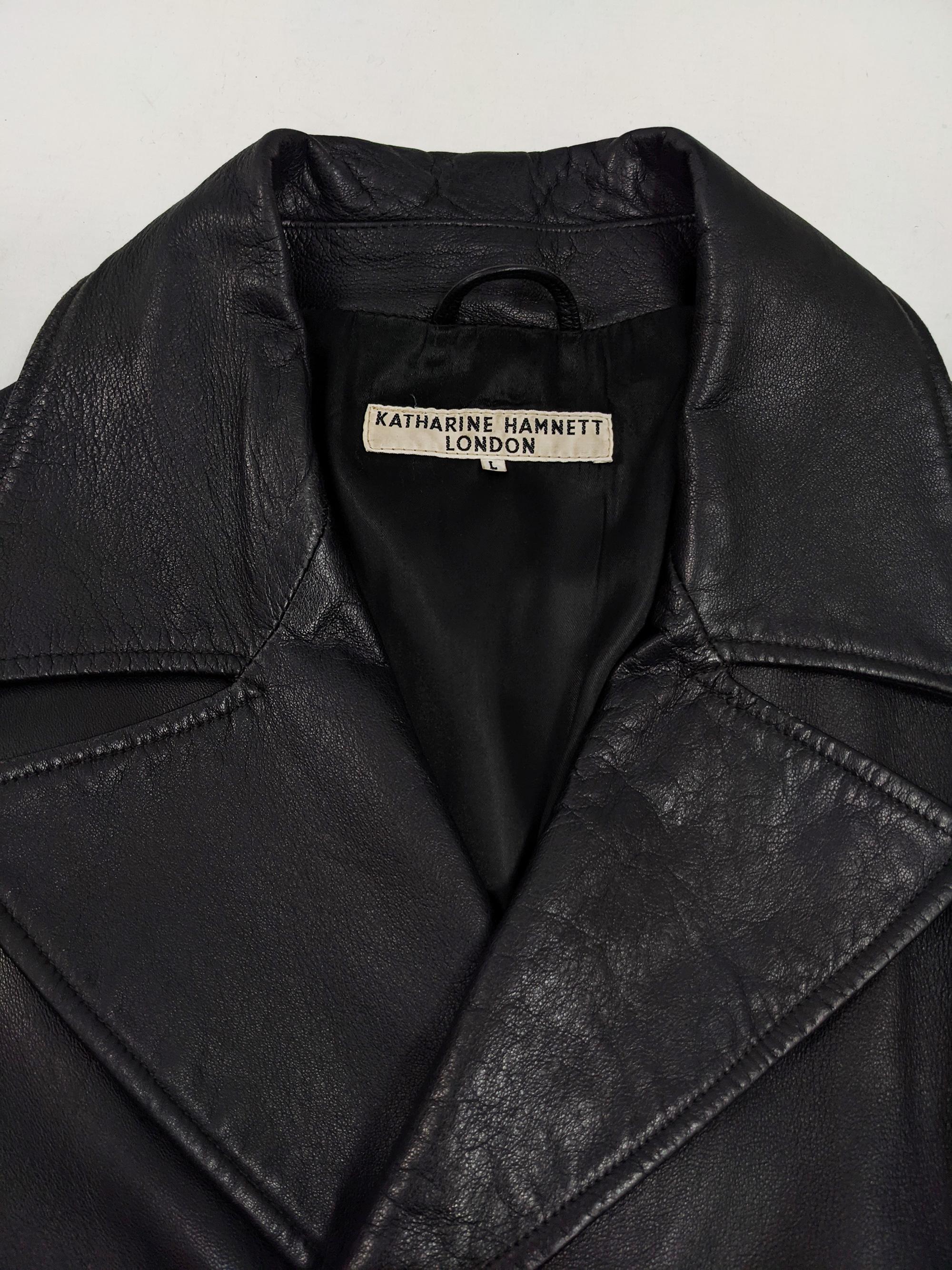 Katharine Hamnett Vintage Mens Black Leather Pea Coat In Good Condition In Doncaster, South Yorkshire