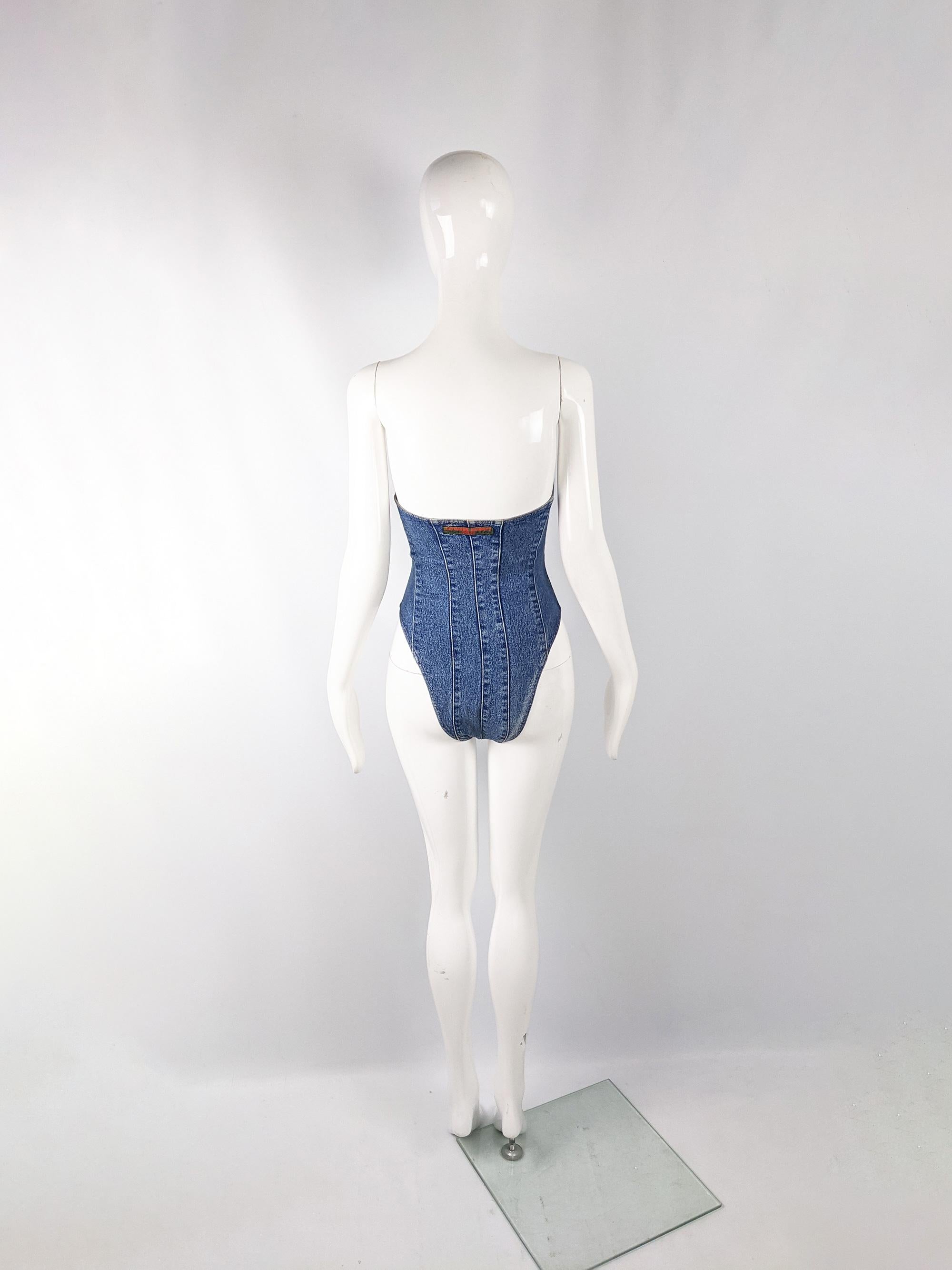 Katharine Hamnett Vintage Strapless Blue Denim Jean Bodysuit, 1990s In Excellent Condition In Doncaster, South Yorkshire