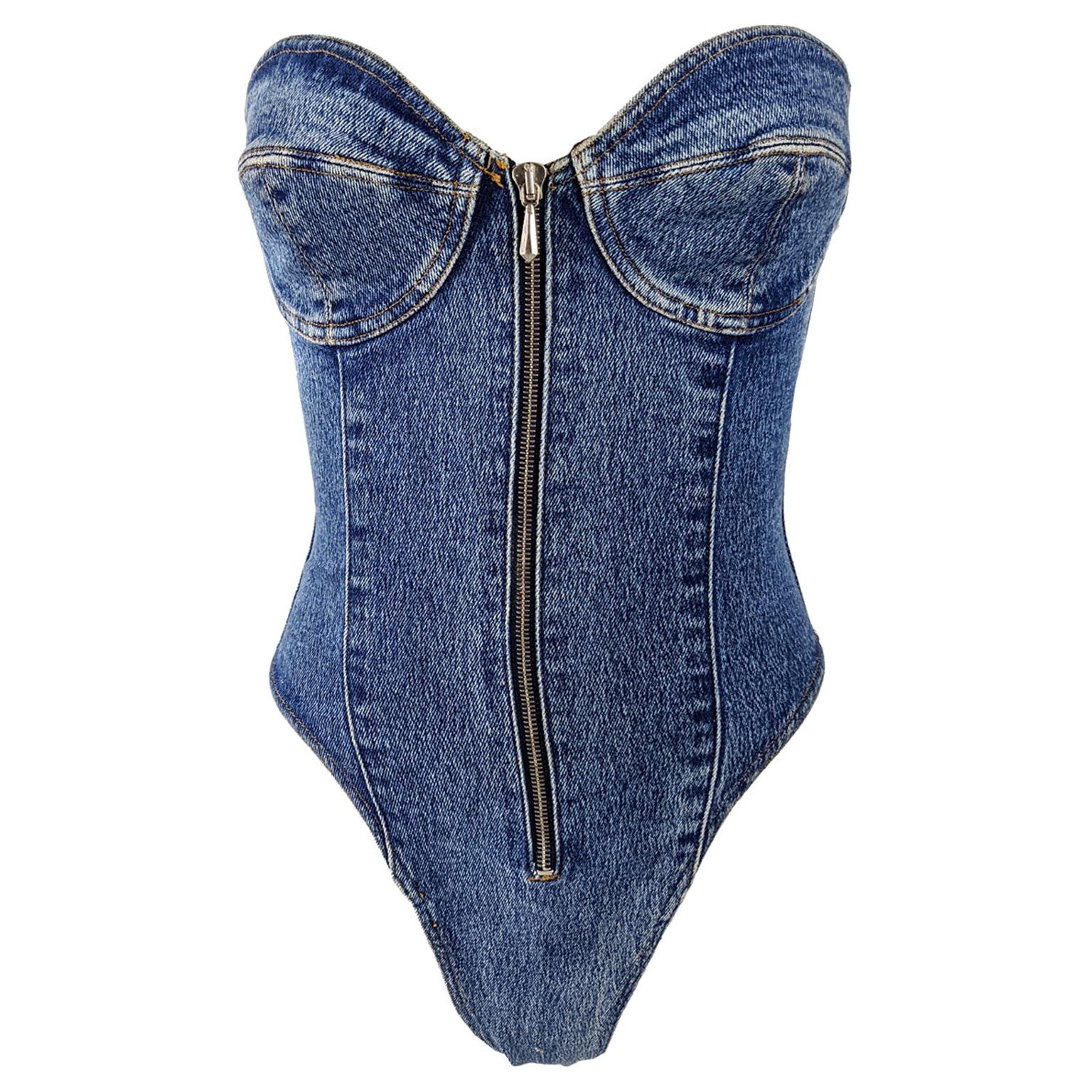 Katharine Hamnett Vintage Strapless Blue Denim Jean Bodysuit, 1990s