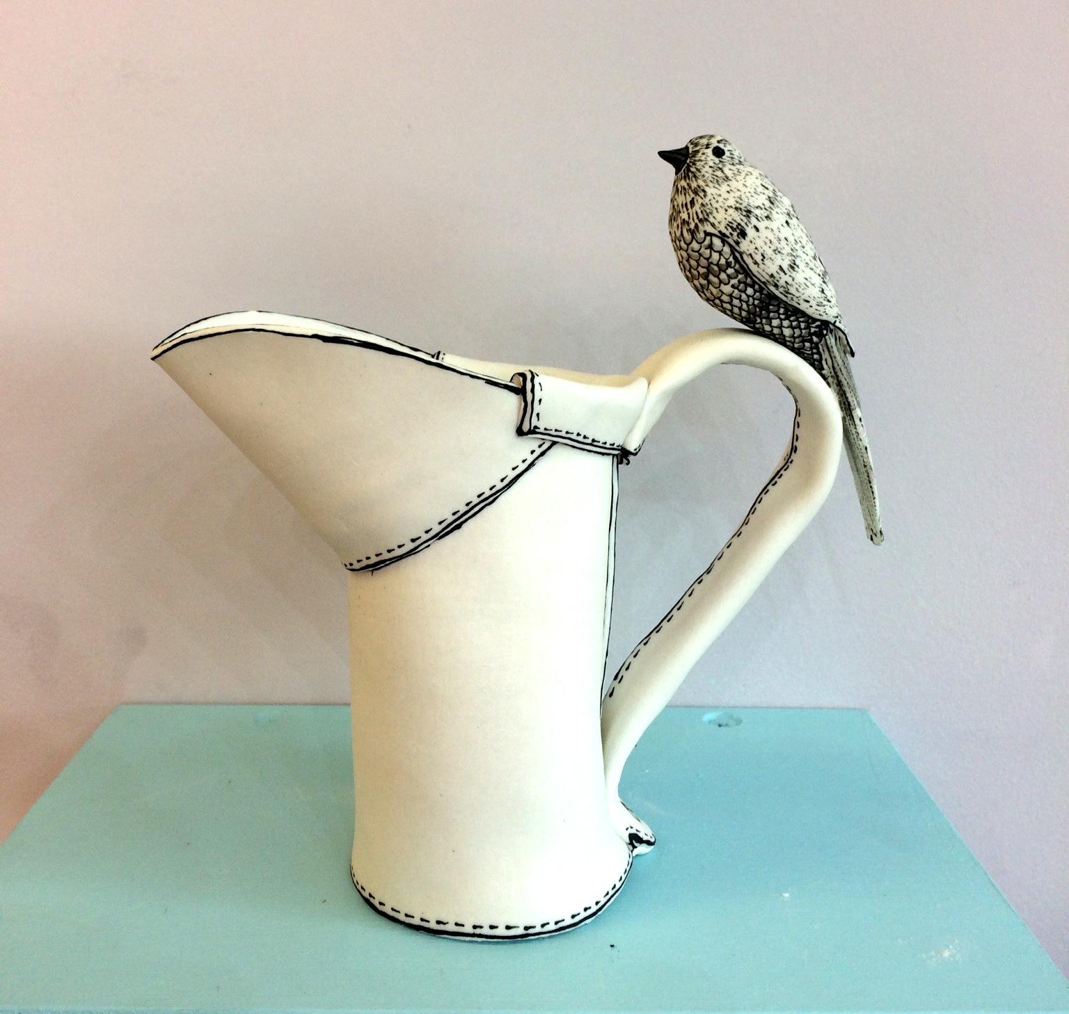 Katharine Morling Still-Life Sculpture - "Bird on a Jug I" porcelain, black and white stain ceramic sculpture - pop art