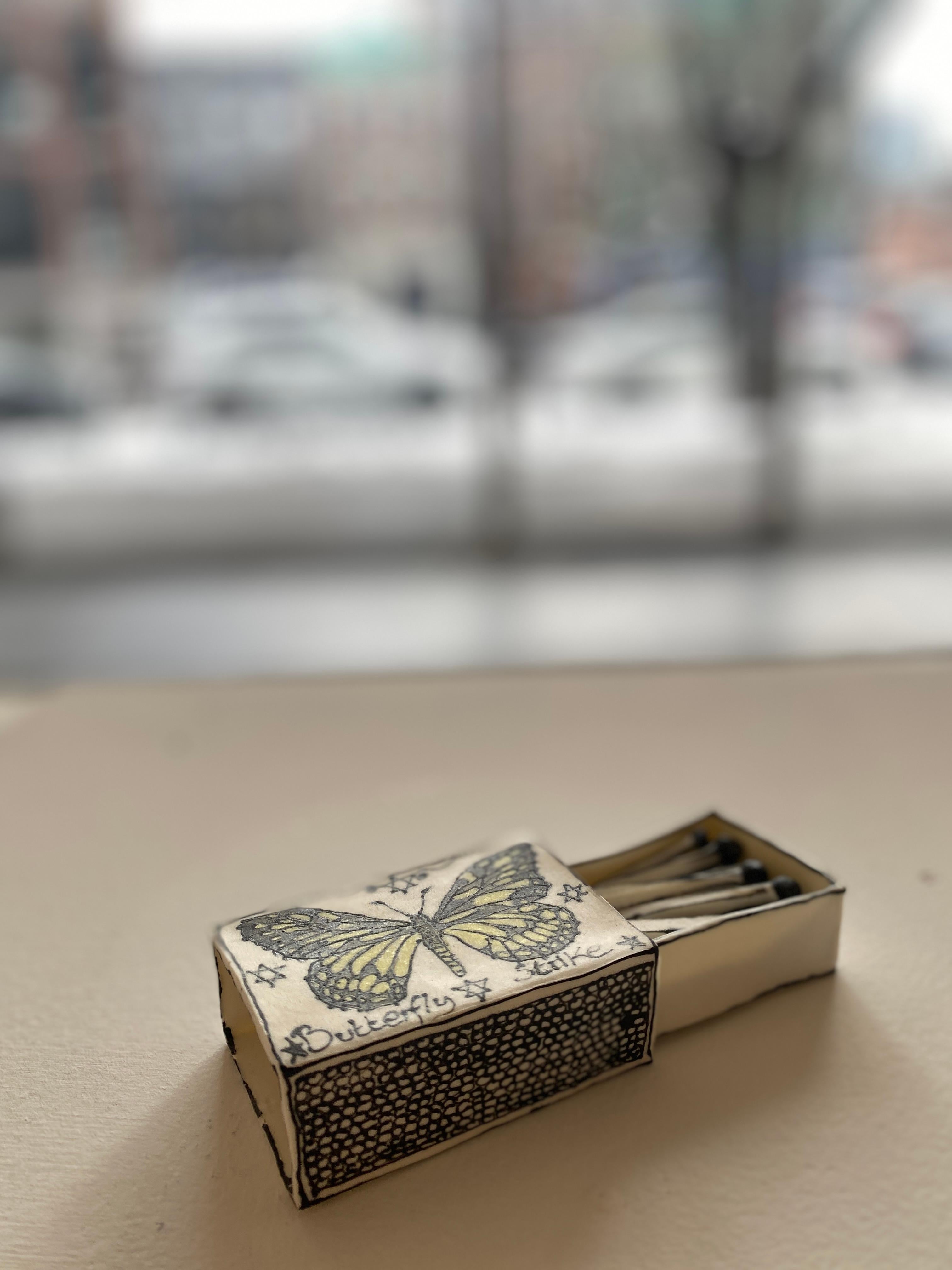 Butterfly Matchbox: Black & white porcelain ceramic pop surreal sculpture 1