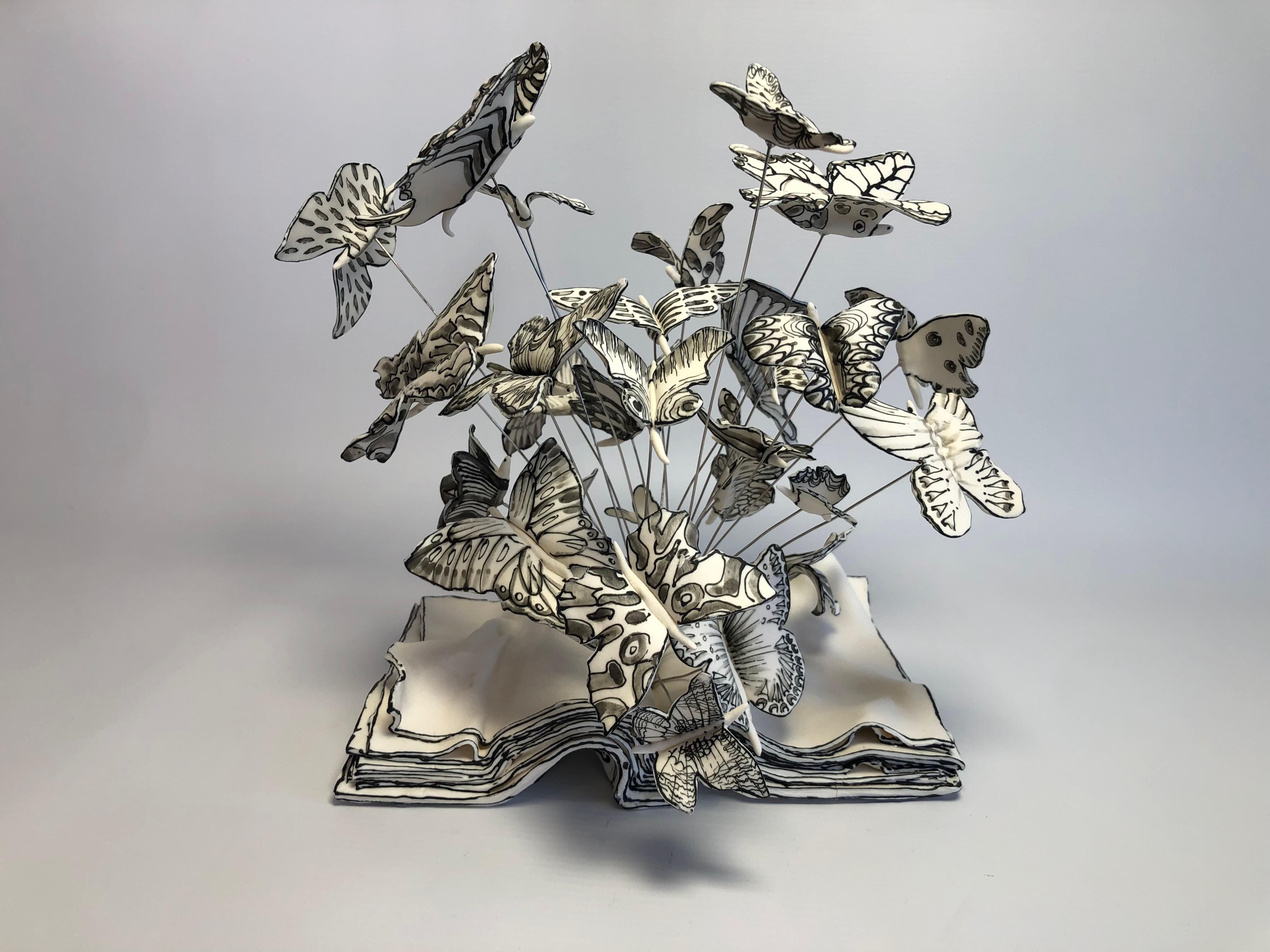Katharine Morling Abstract Sculpture - Freedom, handmade porcelain sculpture of butterflies coming out of a book