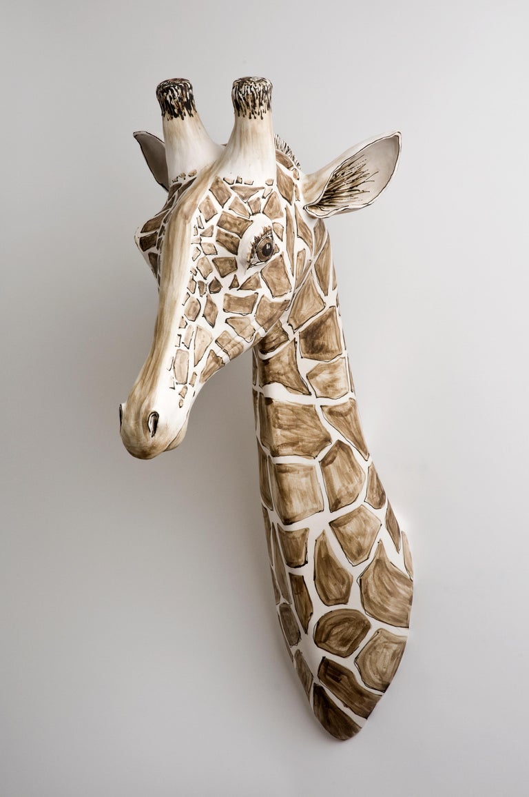 Katharine Morling Figurative Sculpture - Giraffe Wall sculpture Earth stone, porcelain slip, porcelain and black stain