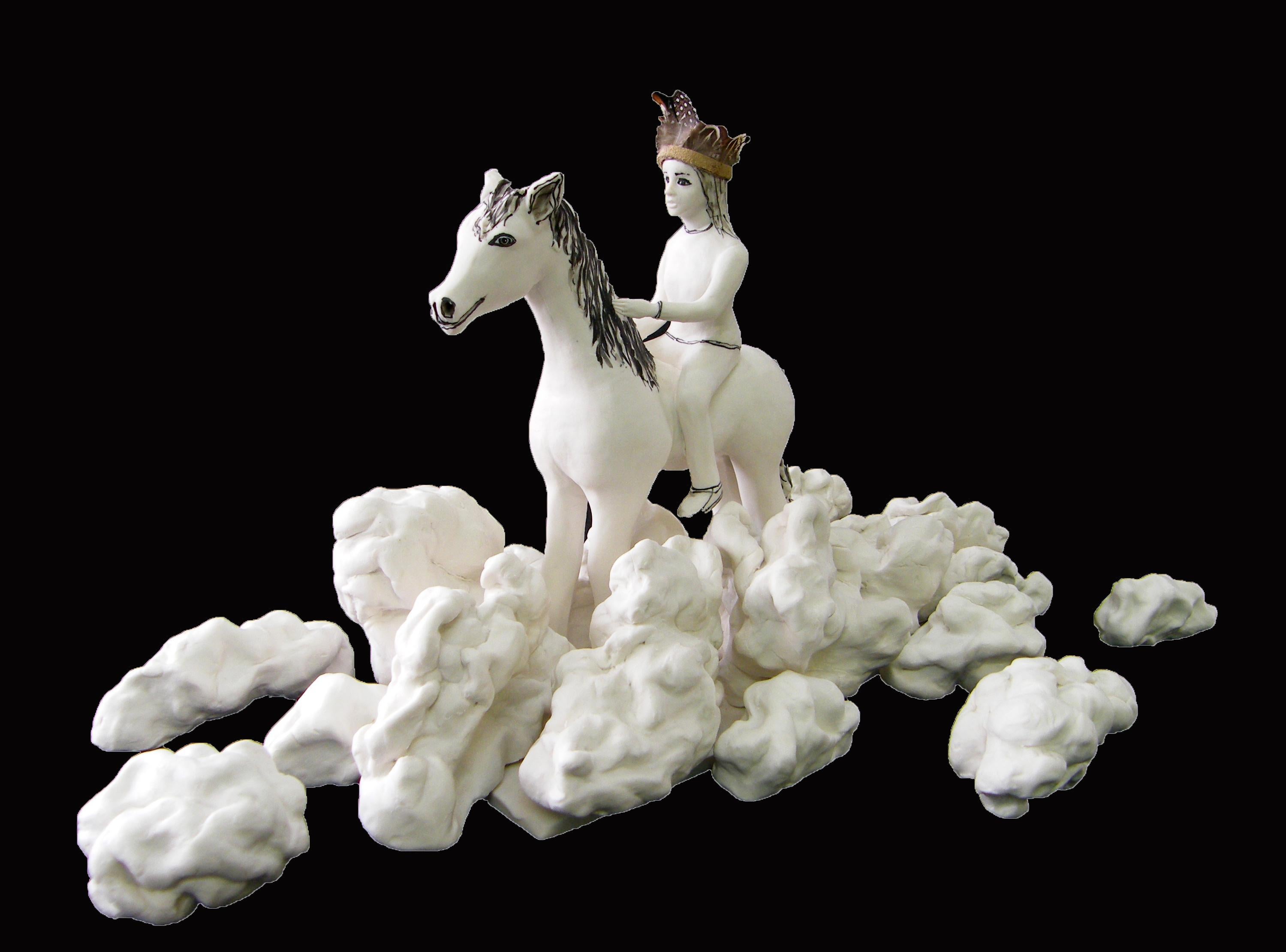 « Fille aux nuages », sculpture en céramique d'une femme chevauchant un cheval - Noir Still-Life Sculpture par Katharine Morling