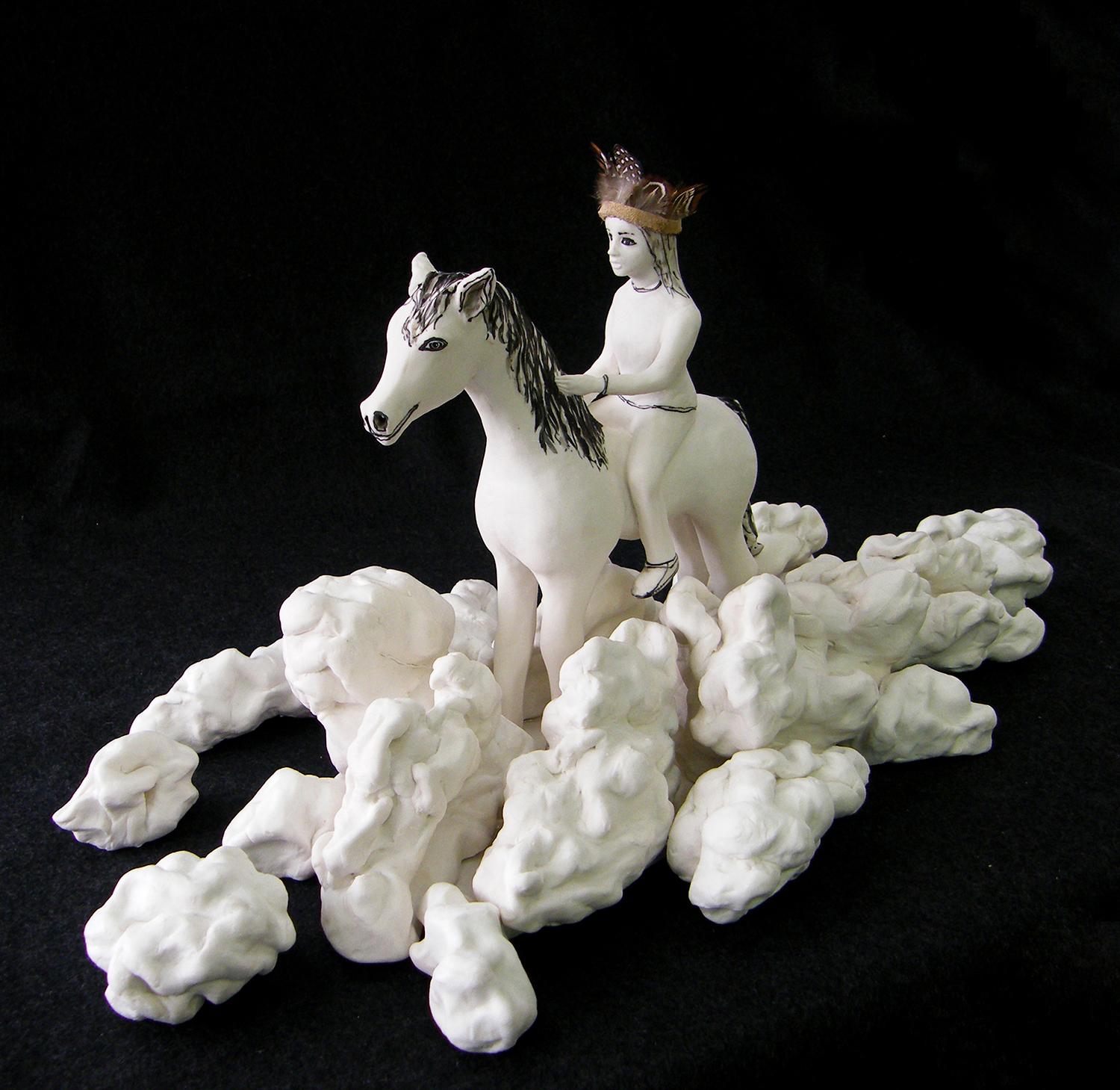 Katharine Morling Still-Life Sculpture - "Girl in the Clouds" porcelain ceramic sculpture of woman riding a horse