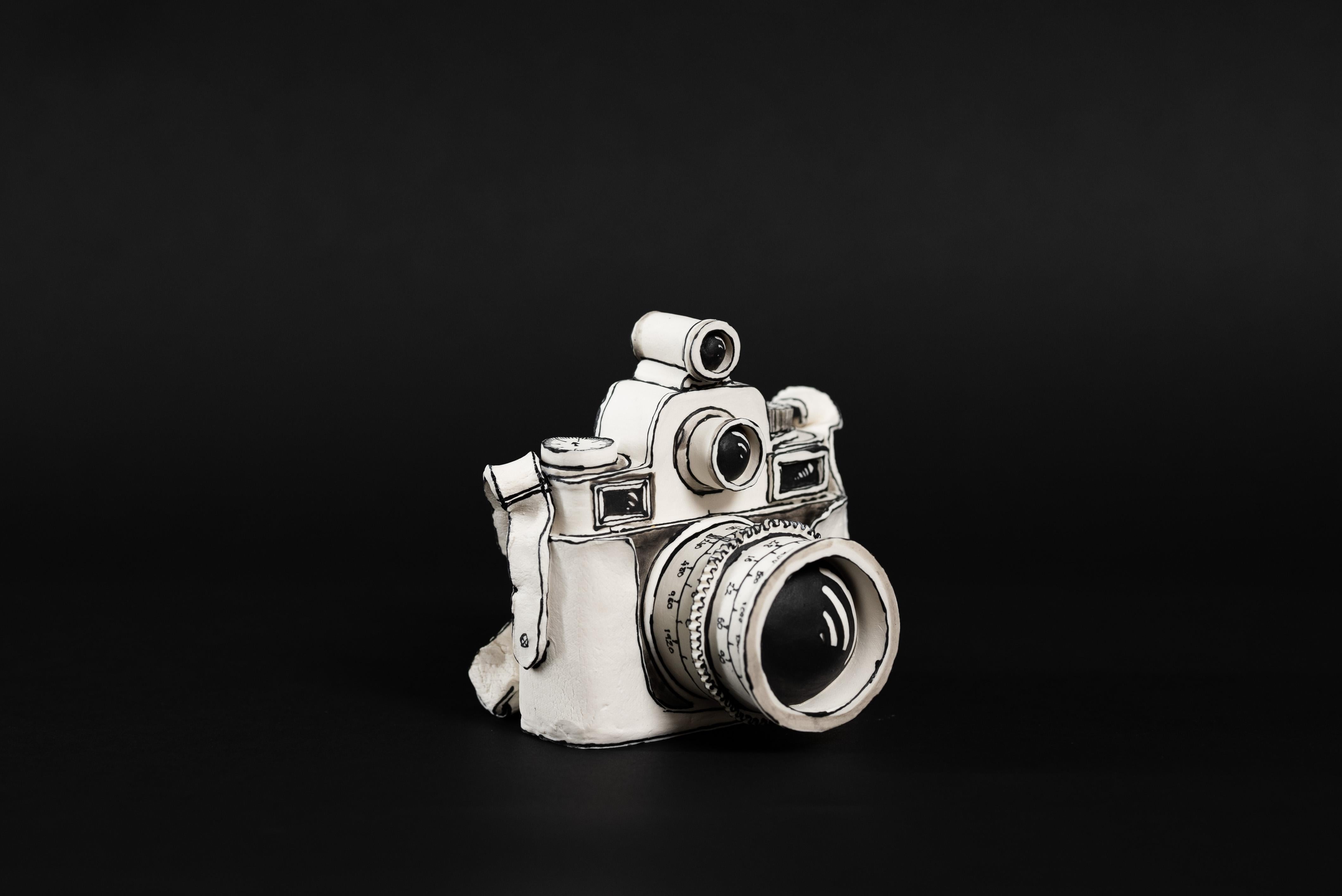 Katharine Morling, Porcelain Camera Sculpture w Double Lens, Black and White   For Sale 6