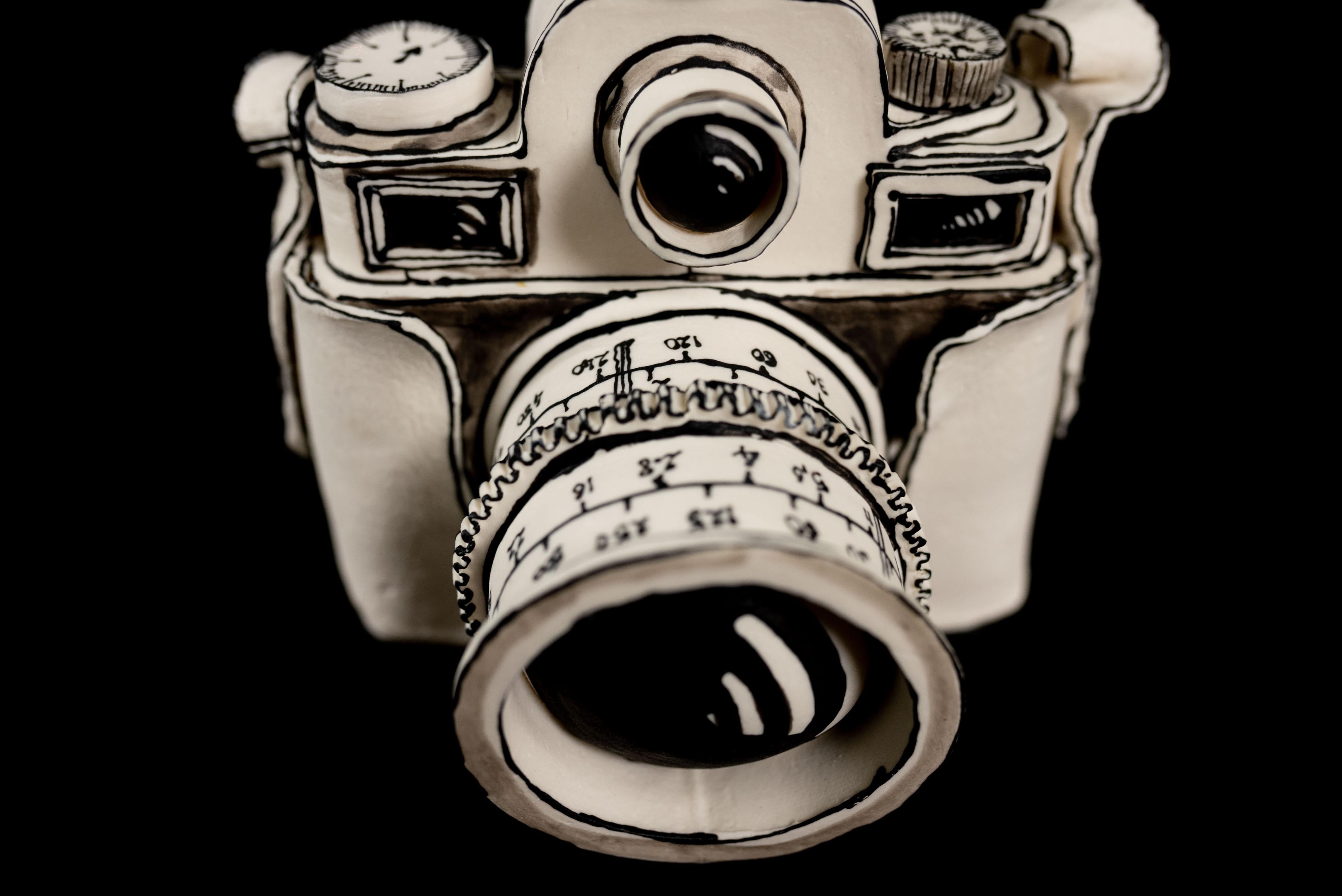 Katharine Morling, Porcelain Camera Sculpture w Double Lens, Black and White   For Sale 2