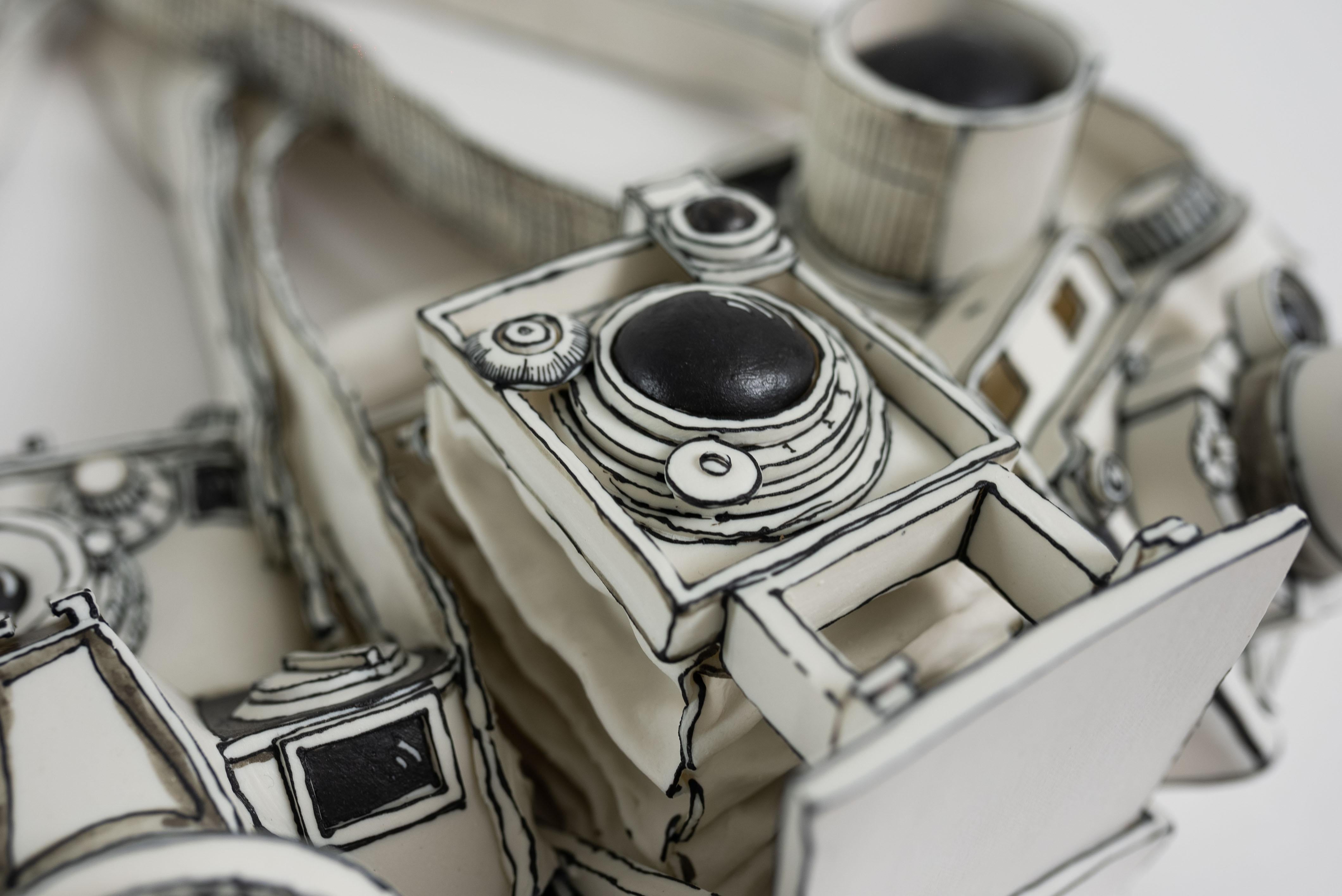 Time, Porcelain Ceramic Camera Wall Installation Sculpture, Black & White 6