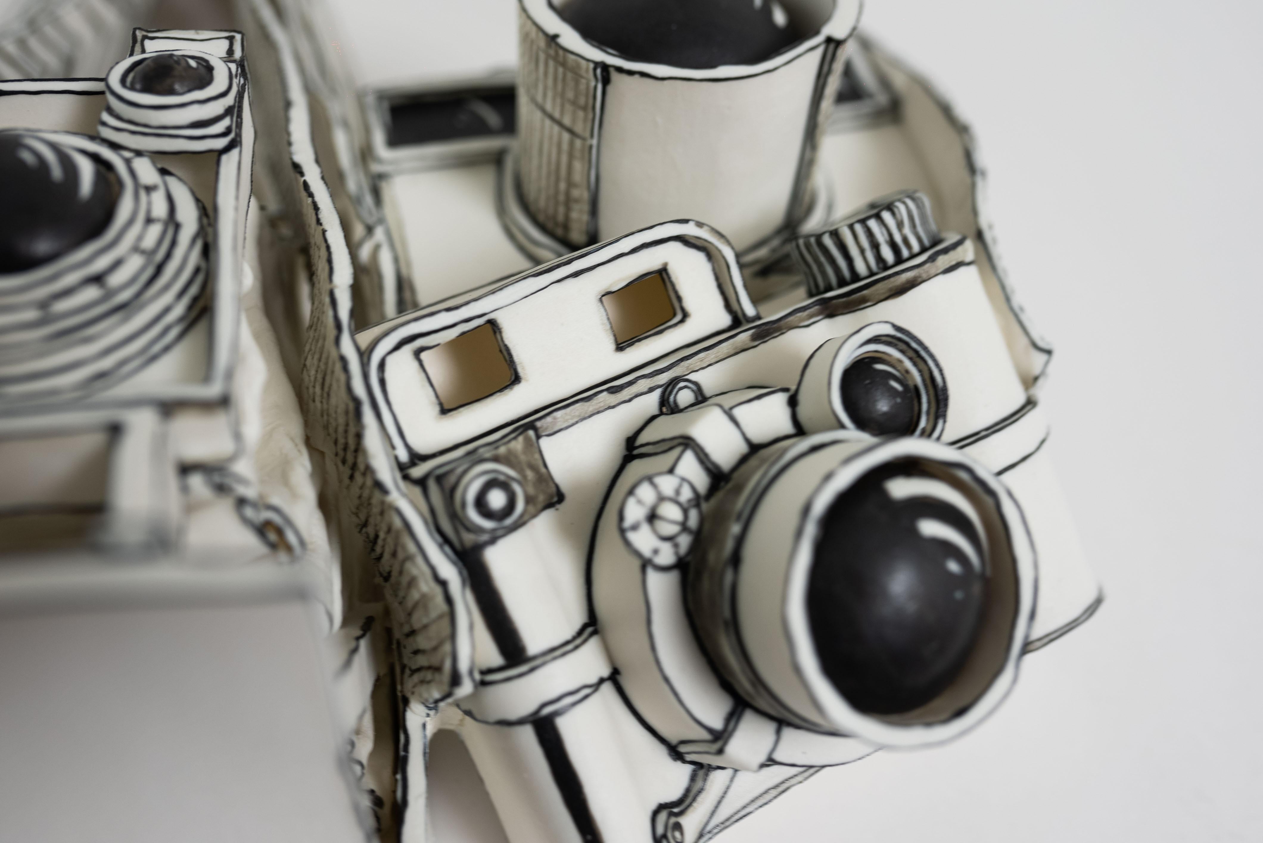 Time, Porcelain Ceramic Camera Wall Installation Sculpture, Black & White 7