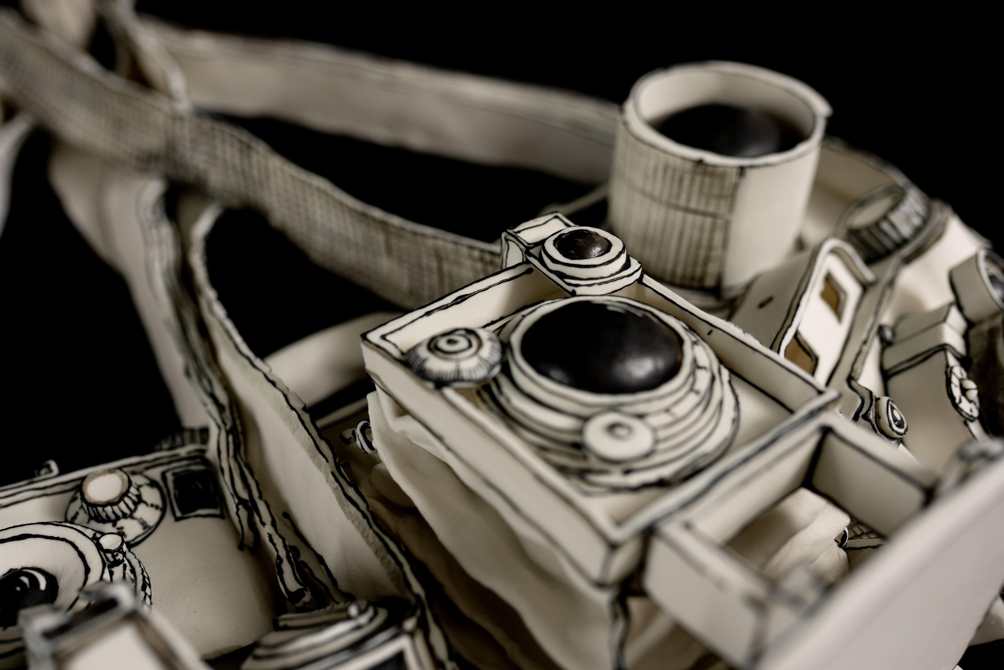 Time, Porcelain Ceramic Camera Wall Installation Sculpture, Black & White 3