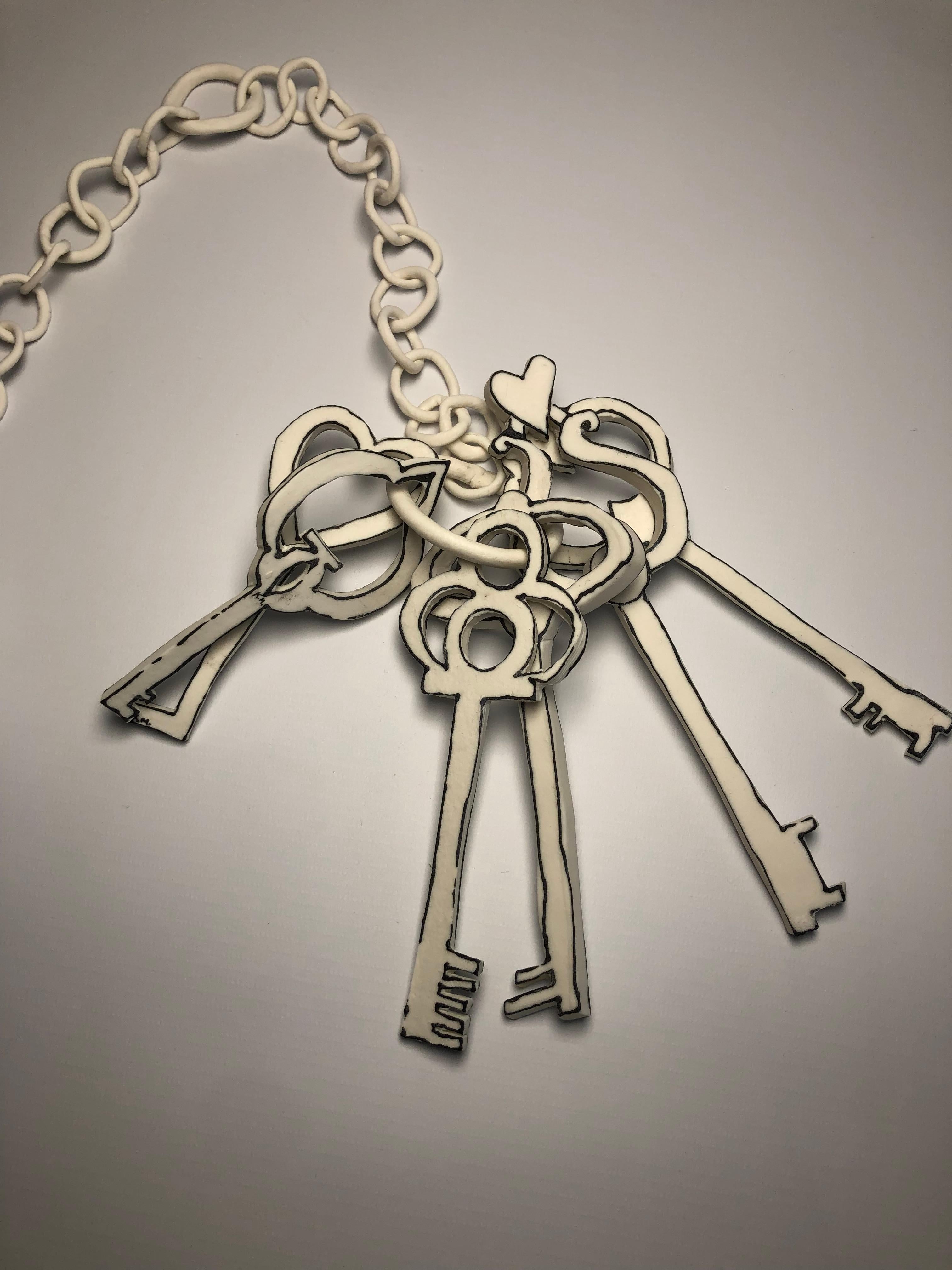 Keys to My Heart: Black and white porcelain ceramic pop art surreal sculpture - Sculpture by Katharine Morling