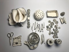 Sewing Kit: Black & white porcelain ceramic pop surreal sculpture installation